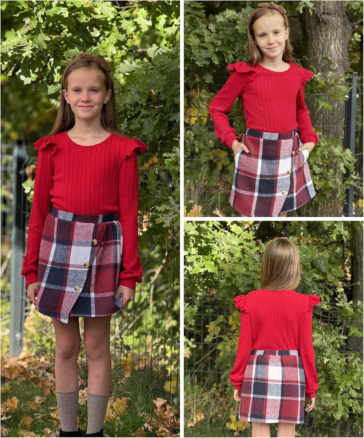 Arshiner Girls Skirt Sets Ruffle Sleeve Top and Plaid Mini Skirt 2 Piece Fall Winter Outfits for Kids - Image 6