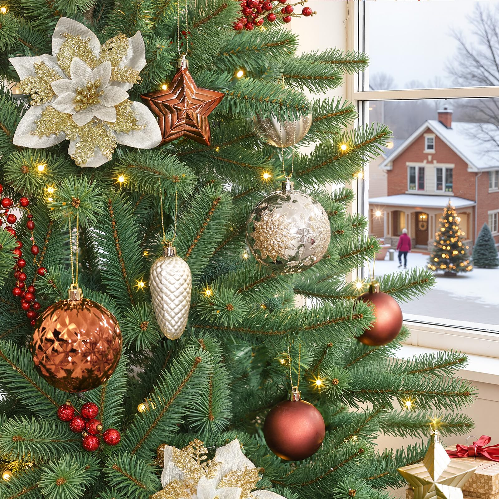 Alupssuc 128 Teiliges Weihnachtskugel-Ornament-Set, Bruchsichere Christbaumschmuckkugeln, Weihnachtsblumen, Bänder, Baumspitze für Weihnachtsbaum, Feiertage, Hochzeitsfeiern mit Haken, Braun & Gold