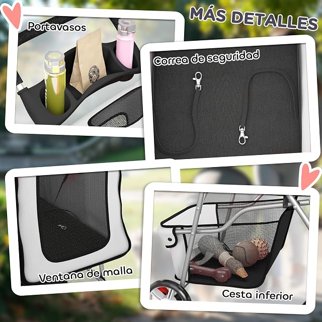 Foto 8 de 8 de PawHut Carrito para Perros Gatos Plegable hasta 10 kg 77x44x102 cm Gris
