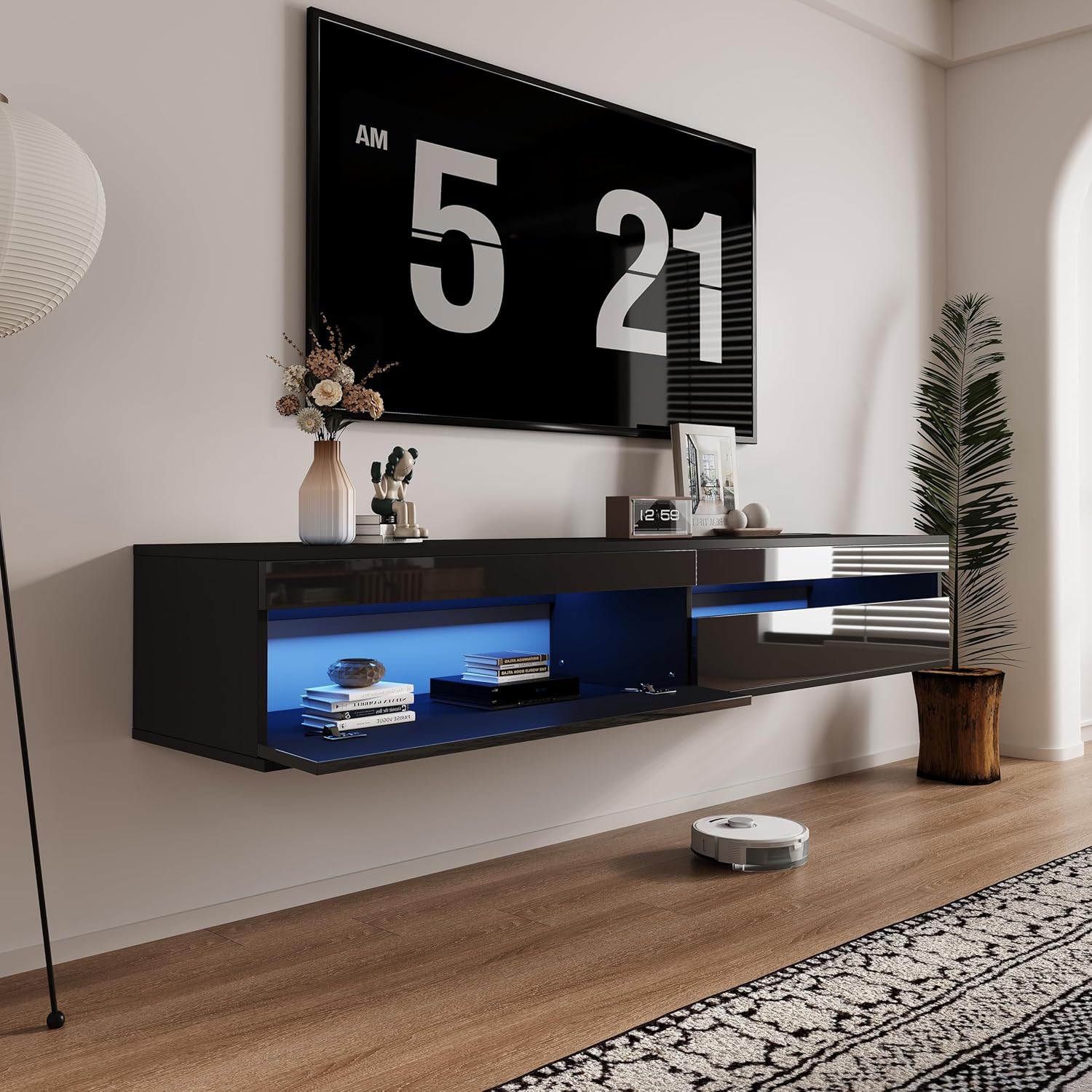 basenji 71" Floating TV Stand Wall Mounted,Solid Wood Entertainment Center with LED Lighting & Power Outlet, High-Gloss Modern Media Console for TVs up to 85",Tv Consoles for Living Room,Black