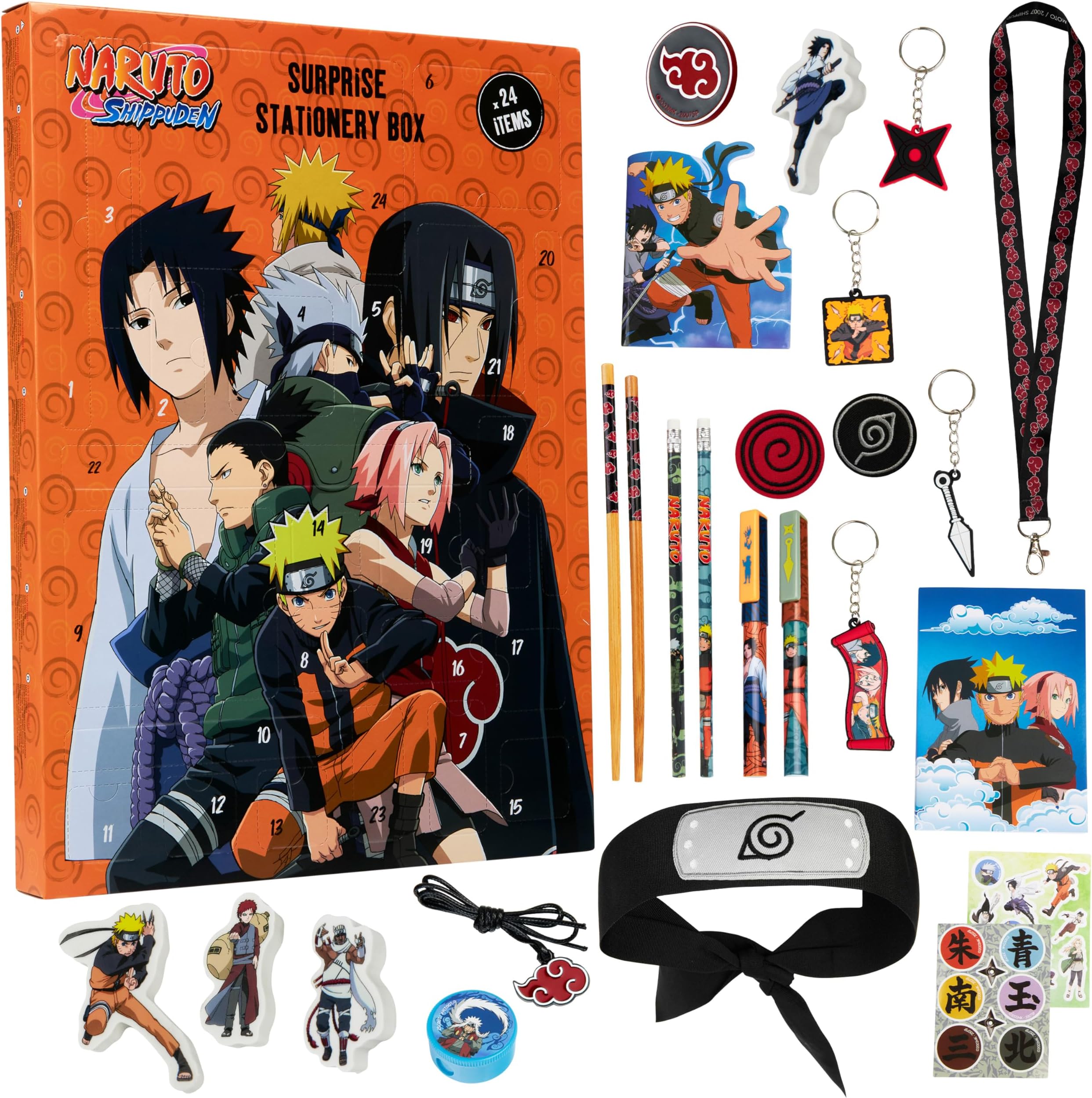 Naruto Advent Calendar 2025 Stationery and Accessories Anime Christmas Countdown Calendar with Pens Lanyard Keyring Erasers Patches Badge (Orange)