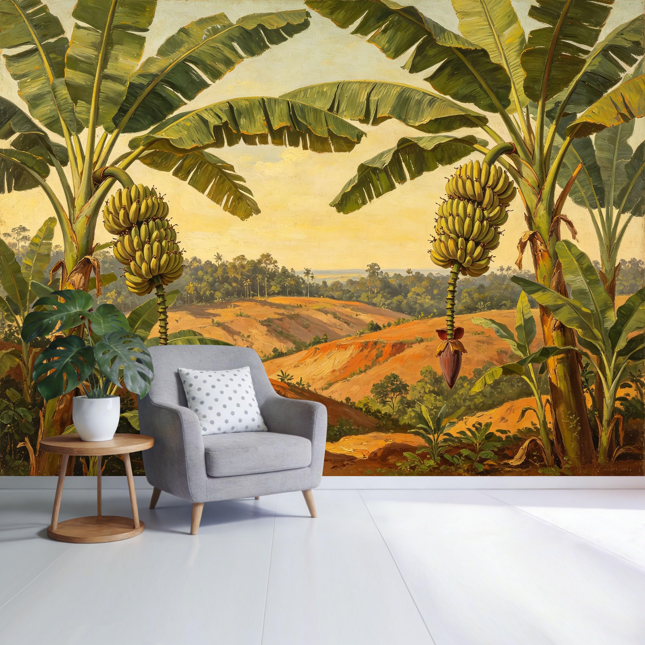 Custom Size Wall Mural Tropical Banana Plantation Landscape Sunlit Jungle Hills Oil Painting Style SelfAdhesive Wall Fabric Removable Wallpaper for Home Office Decor