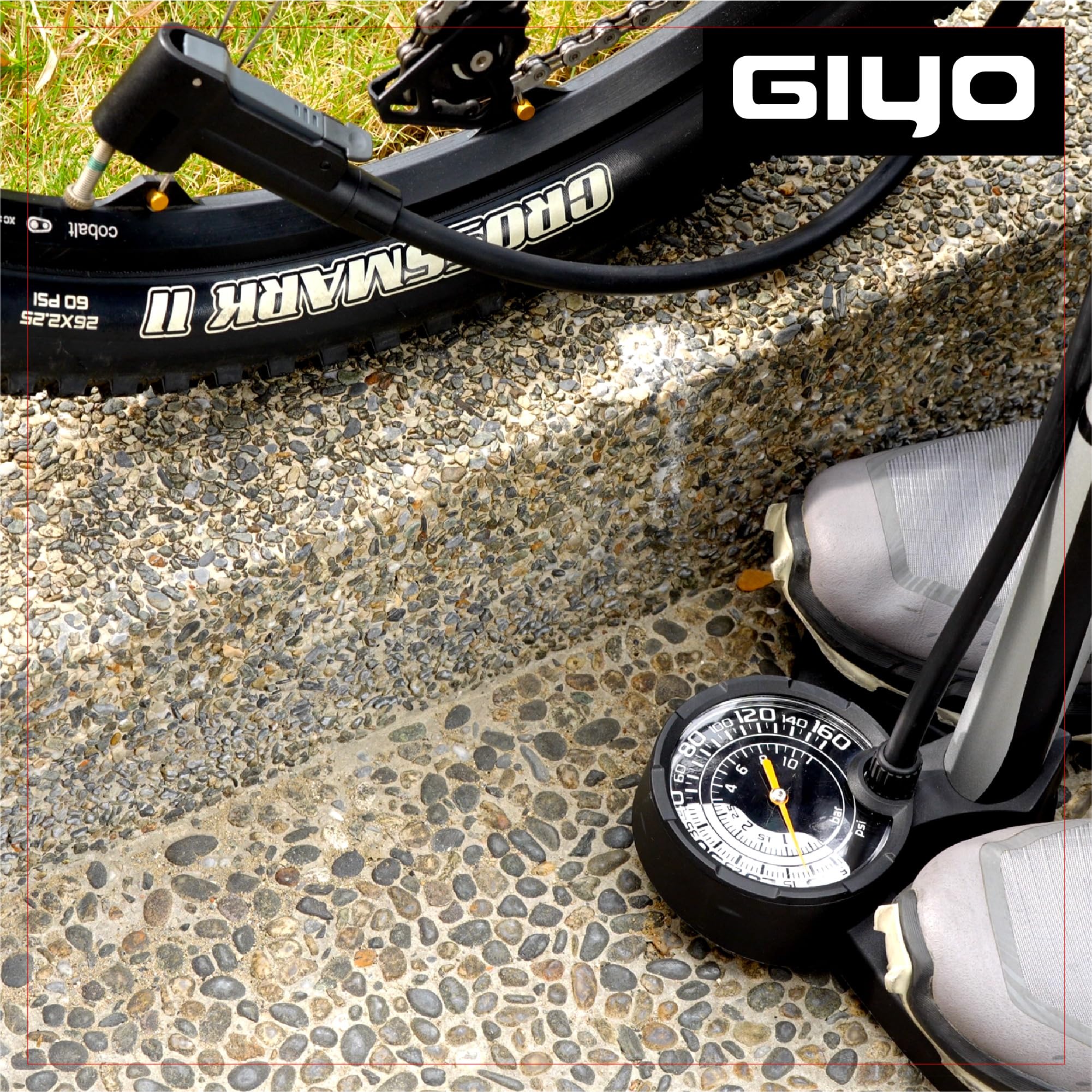GIYO Fahrrad-Standpumpe GF27DH – Fahrradpumpe mit Präzisions-Manometer für niedrigen & hohen Reifendruck, Einhand-Ventilkopf für Presta, Autoventil/Schrader & Dunlop,Tubeless-kompatibel,11 bar/160 psi
