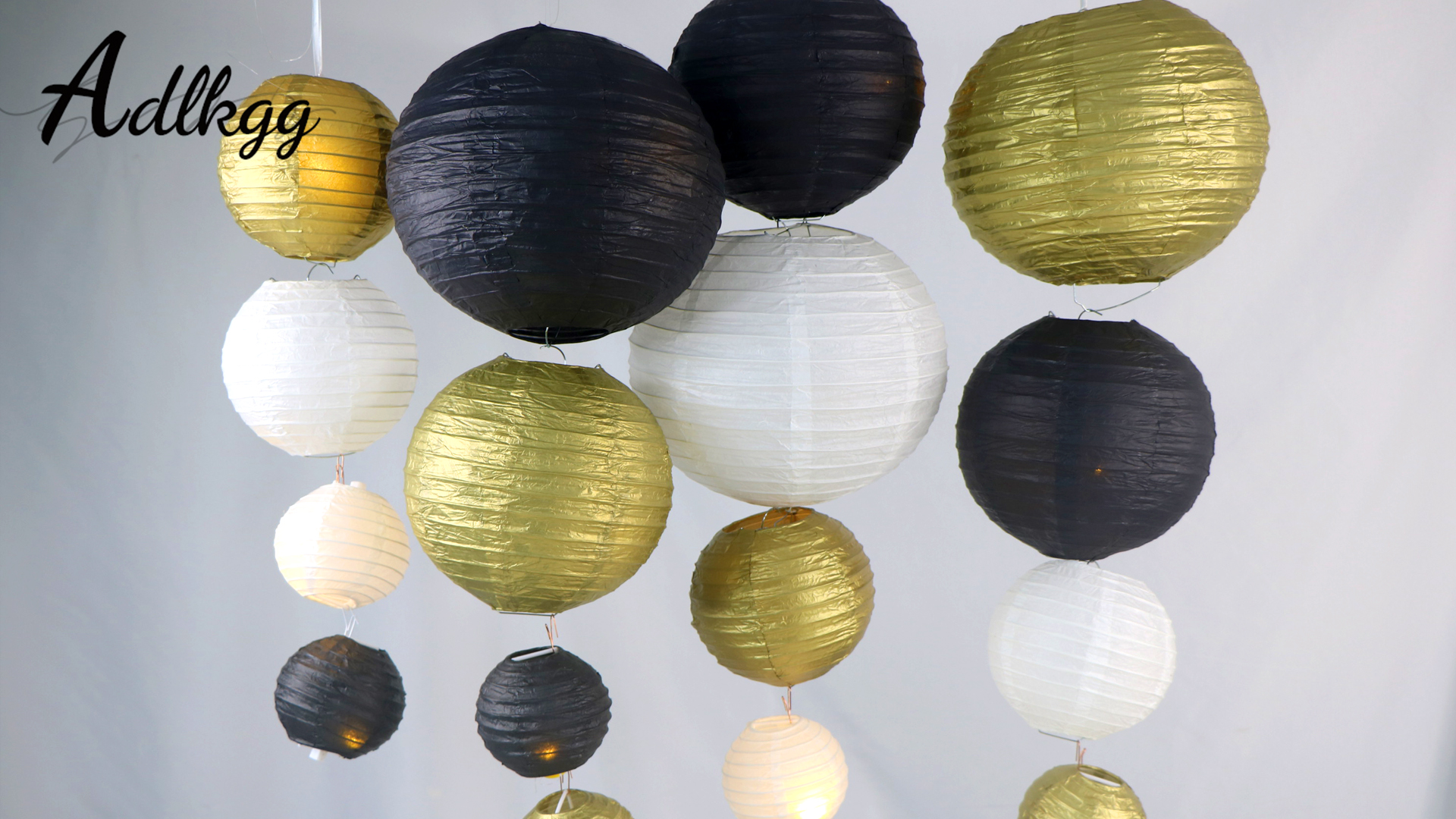 12-Pack Black & Gold Paper Lanterns For Parties - Graduation, Wedding, New Year Decor
