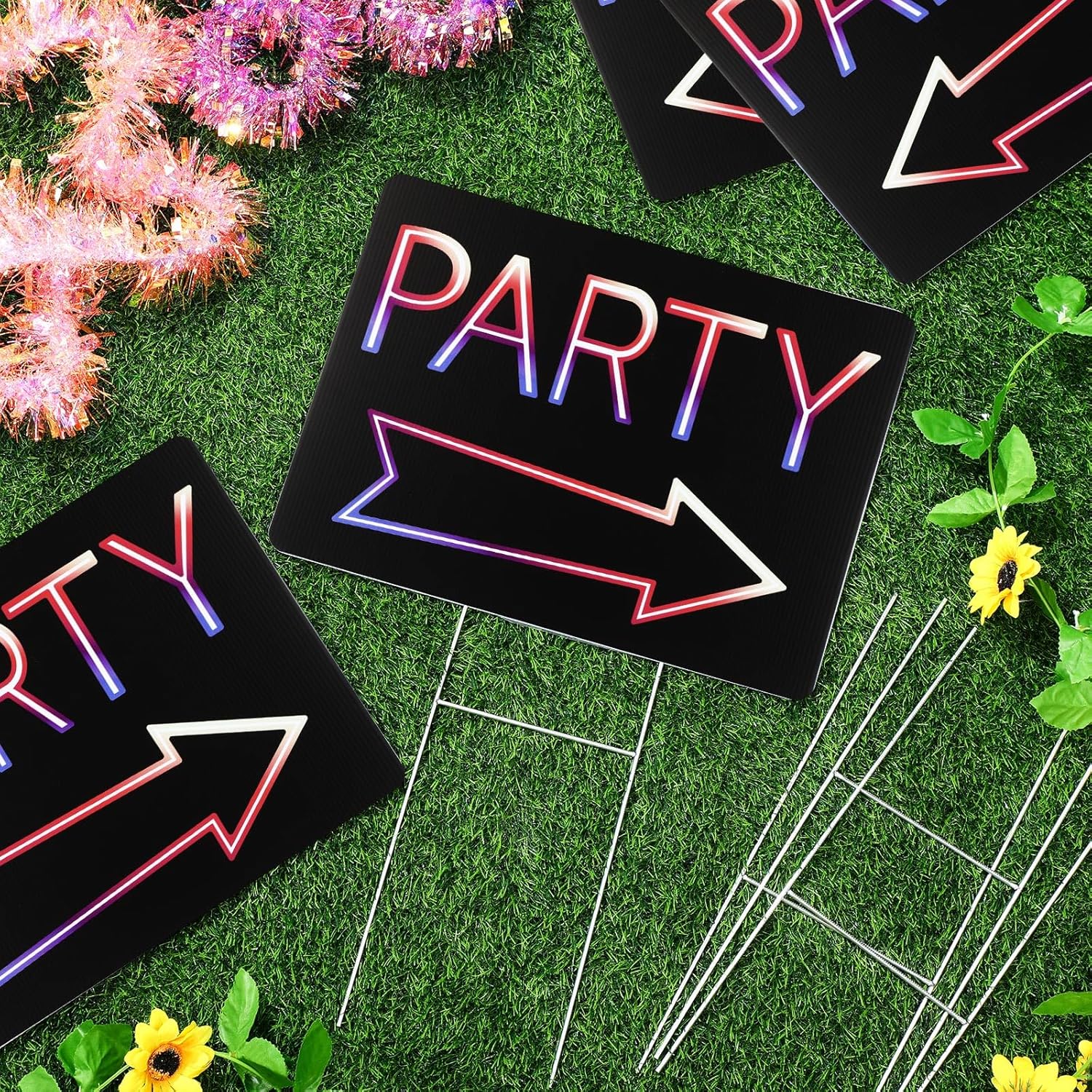 6 Pcs Party This Way Yard Sign with 6 H Metal Stakes 12 x 16 Inches Double Sided Birthday Yard Sign with Arrow Waterproof Direction for Party Outdoor Lawn Wedding