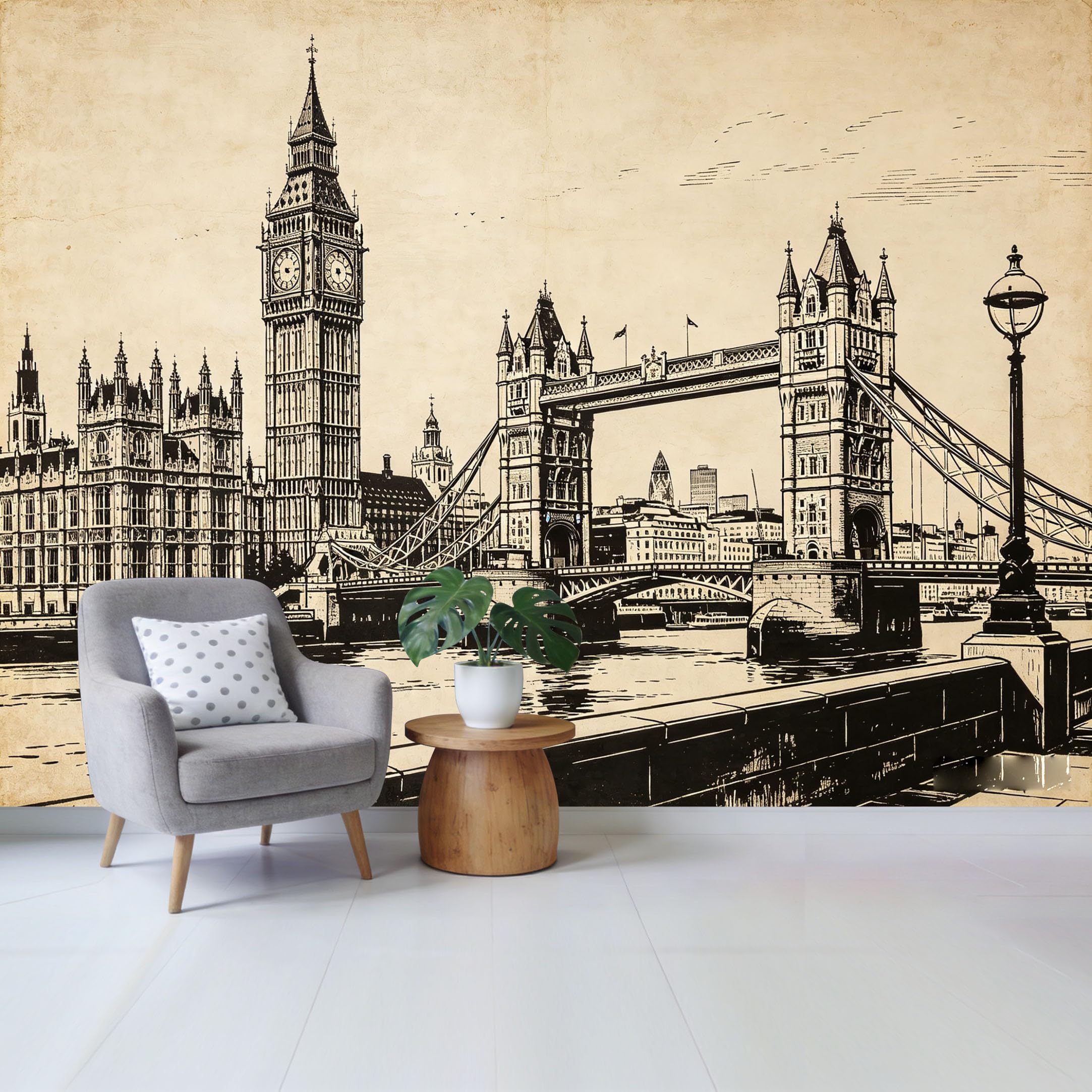 Qzlithotic Yq2605251143 Custom Size Wall Mural Vintage London Architecture Sketch Retro Cityscape Drawing Selfadhesive Wall Fabric Removable Wallpaper For Home Office Decor
