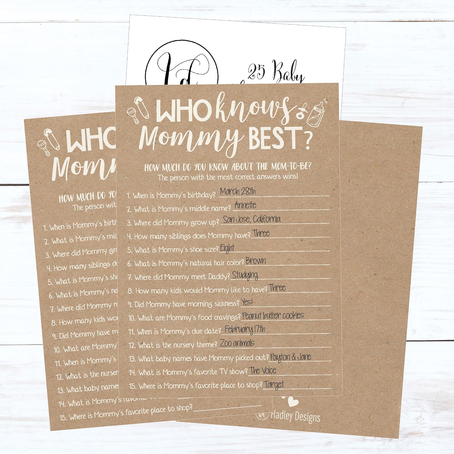 Hadley Designs Hilarious Baby Shower Games Set – 25 Who Knows Mommy Best Baby Shower Game, Gender Neutral and Fun for Boys & Girls (Rustic) (Pack of 2) image 2