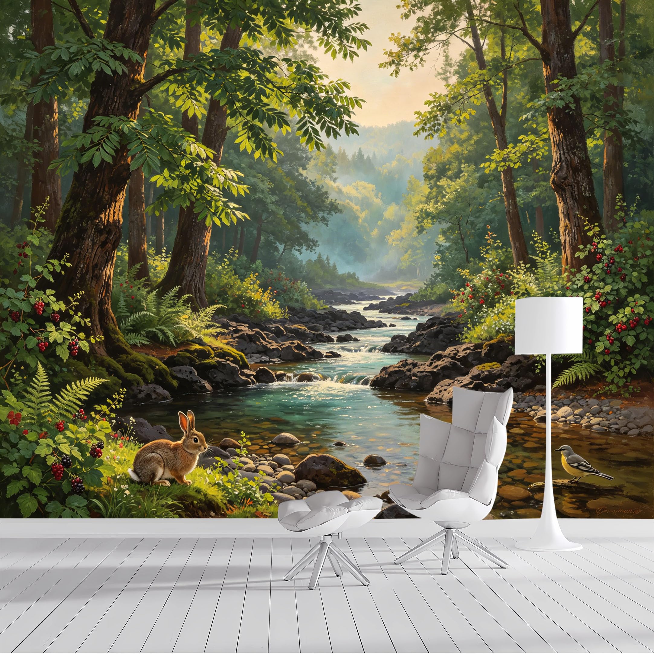 Custom Size Wall Mural Forest Stream Bunny Bird Watercolor Landscape SelfAdhesive Wall Fabric Removable Peel and Stick Wallpaper Wall Decor for Living Room Bedroom Bathroom