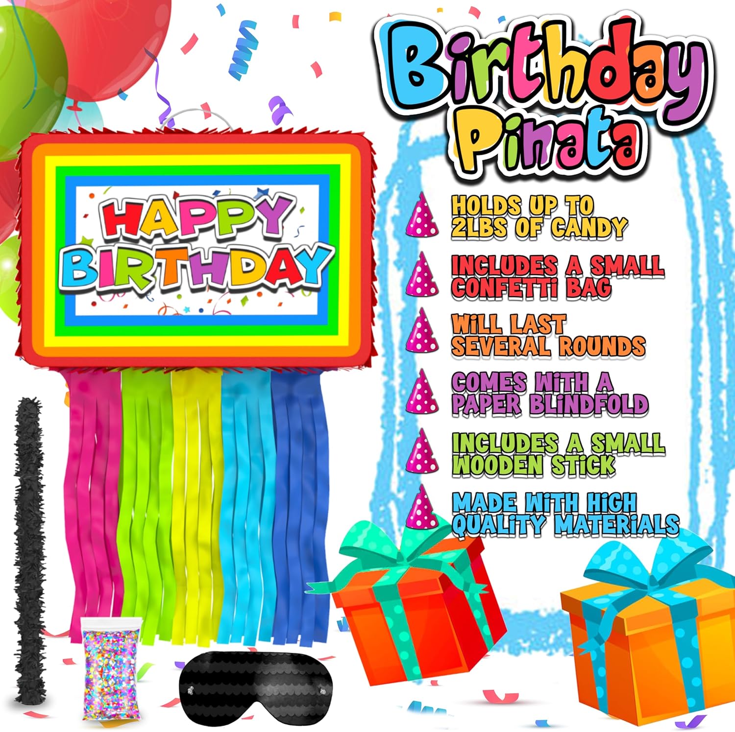 Jergrim Birthday Piñata 4-Piece Set great for Boy, Girl, and Adult party. Happy Birthday Decorations, fun & unique style, fits candy party favors (16”X10”) Durable!