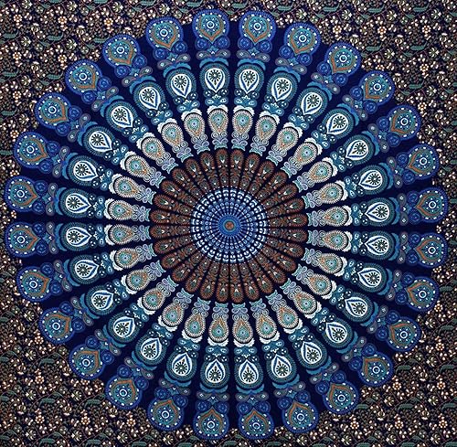 Tapiz hippie indio bohemio psicodélico dorado azul pavo real mandala colgante en la pared (azul verde, individual (54 x 72 pulgadas) (55.1 x 72.8 in)