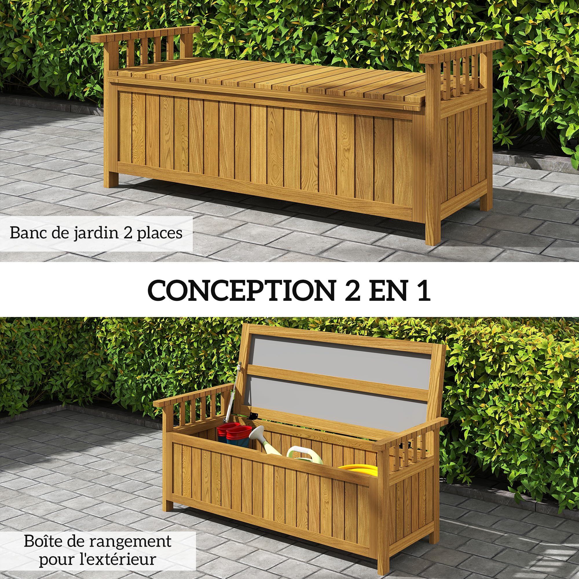Outsunny Banc de Jardin en Bois 2 Places avec Espace de Rangement de 151L, Banc d'extérieur avec accoudoirs, Charge 240 kg, pour Jardin Balcon, 128,5 x 52 x 53,5 cm Marron