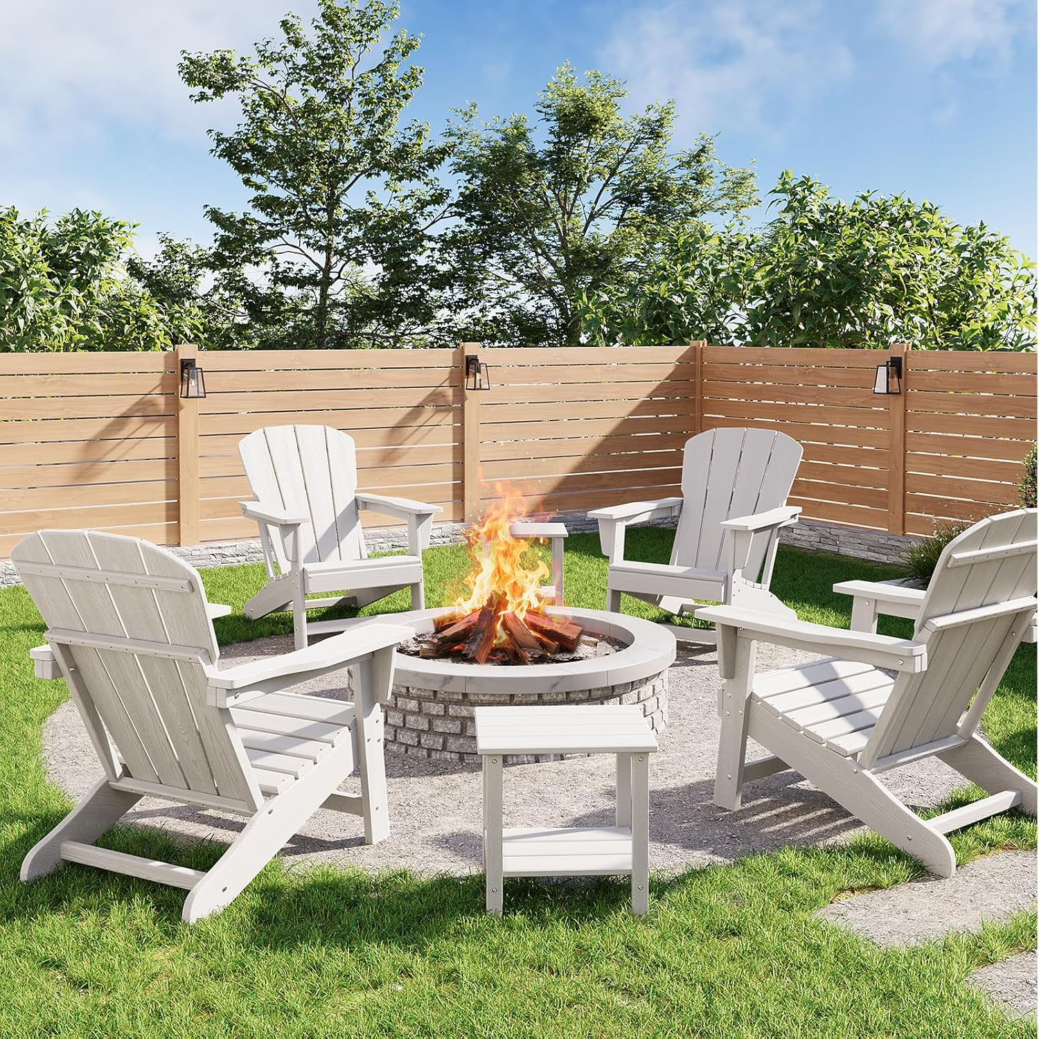 Modern HDPE Plastic Adirondack Chair Set of 4 with 2 Side Table - Oversize 380 LB Poly Lumber Weather Resistant Firepit Chair - Outdoor Patio Chairs with Wooden Textured for Deck, Pool, Porch - White