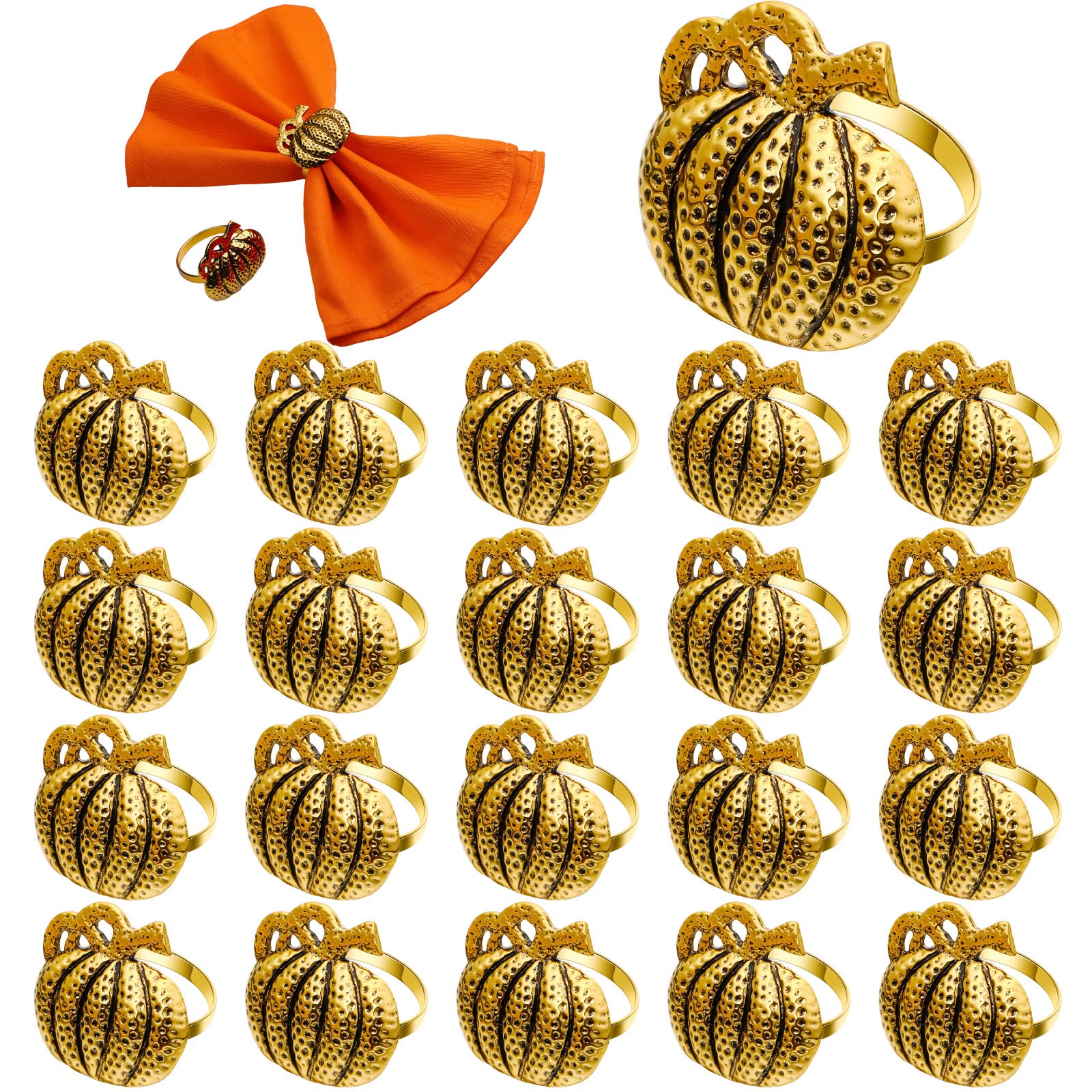 20 Stück Thanksgiving Fall Serviettenringe Rustikale Kürbis Serviettenhalter Metall Kürbis Esstische Ringe für Party Dekoration Tischdekoration Tischdekoration Familientreffen Antik Gold