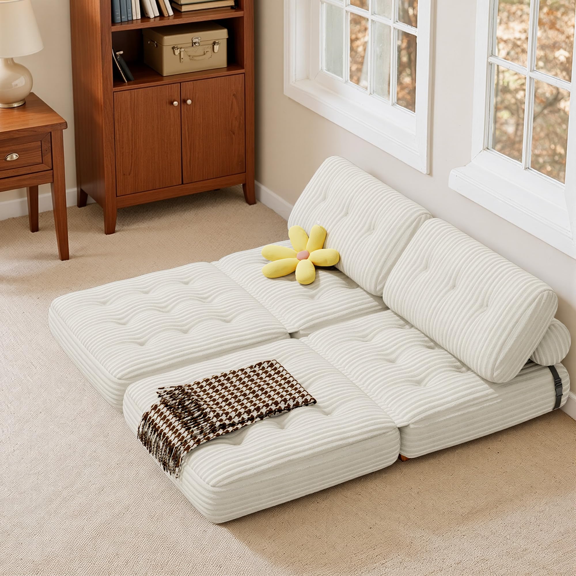 Xbro Canapé-lit Convertible 1 Place 170 x 85 cm, Canapé de Sol Convertible, Matelas Pliant Sofa en Mousse à Mémoire de Forme, Pliable Chambre Salon,Beige