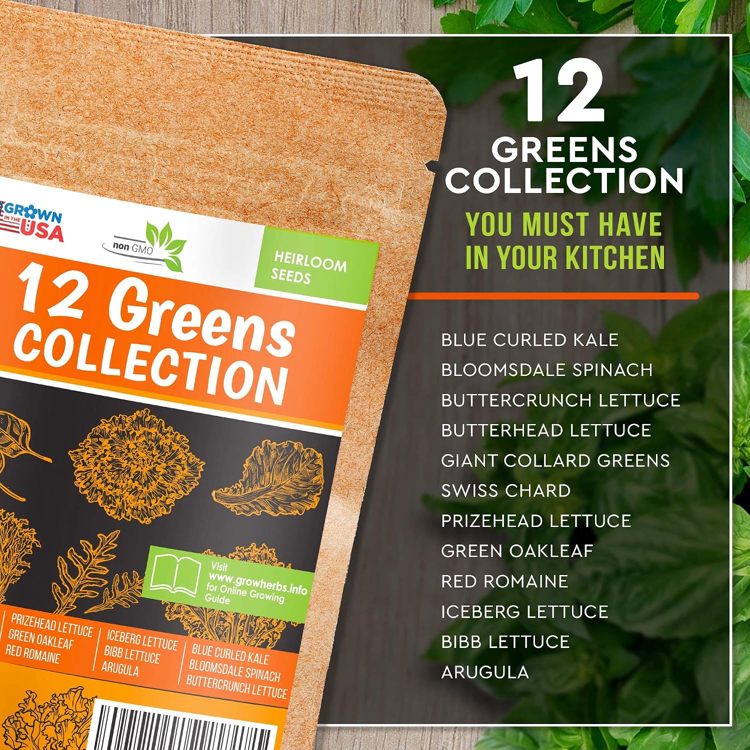 12 Lettuce and Greens Seed Pack - Heirloom and Non GMO, Grown in USA - Indoor or Outdoor Garden - Iceberg, Arugula, Kale, Spinach, Bibb, Butter, Green Oakleaf, Giant Collard, Red Romaine & More