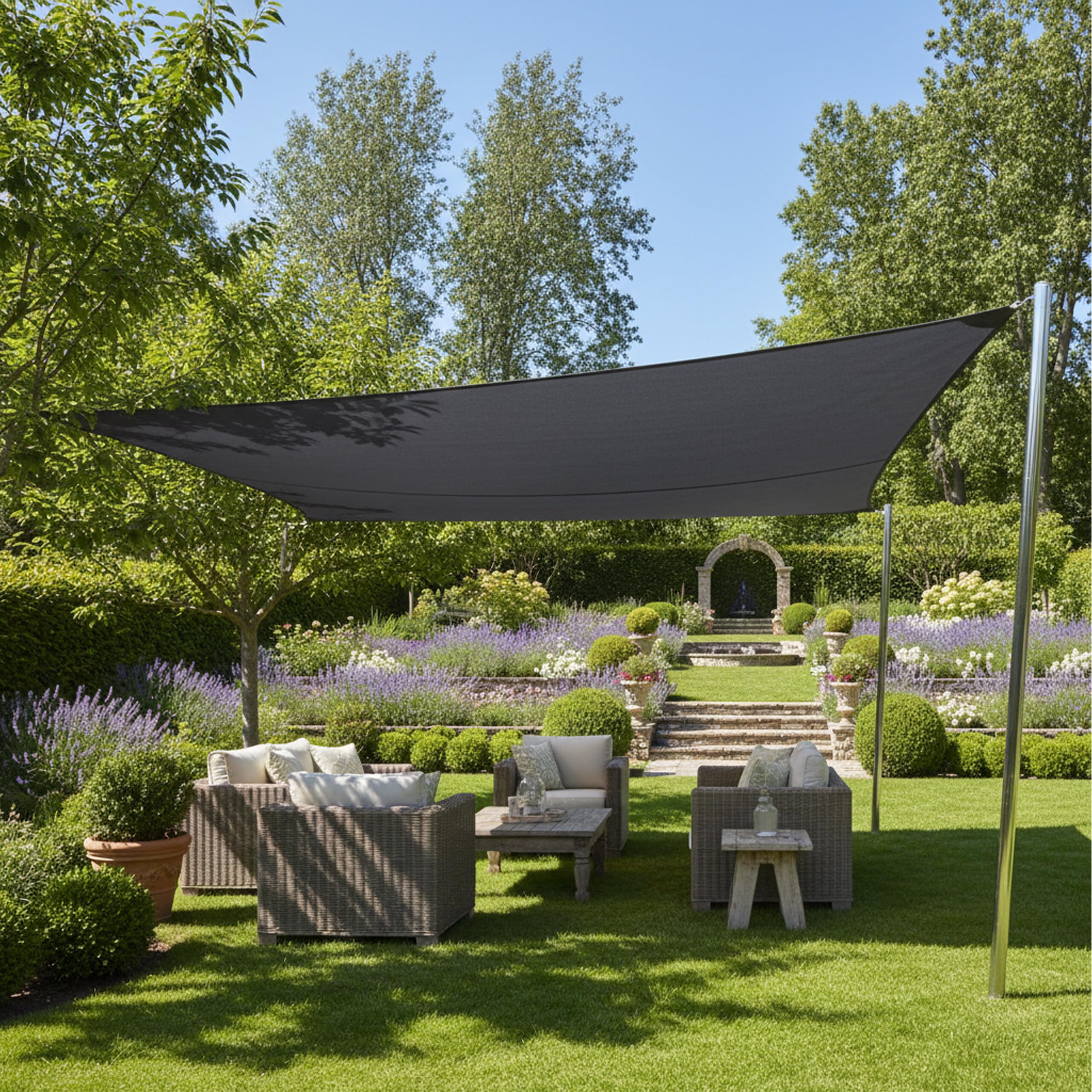 Tente d'ombrage Relaxdays, 5 x 5 m, Polyester, déperlant, œillets & Cordes de Tension, Toile carrée, Gris foncé