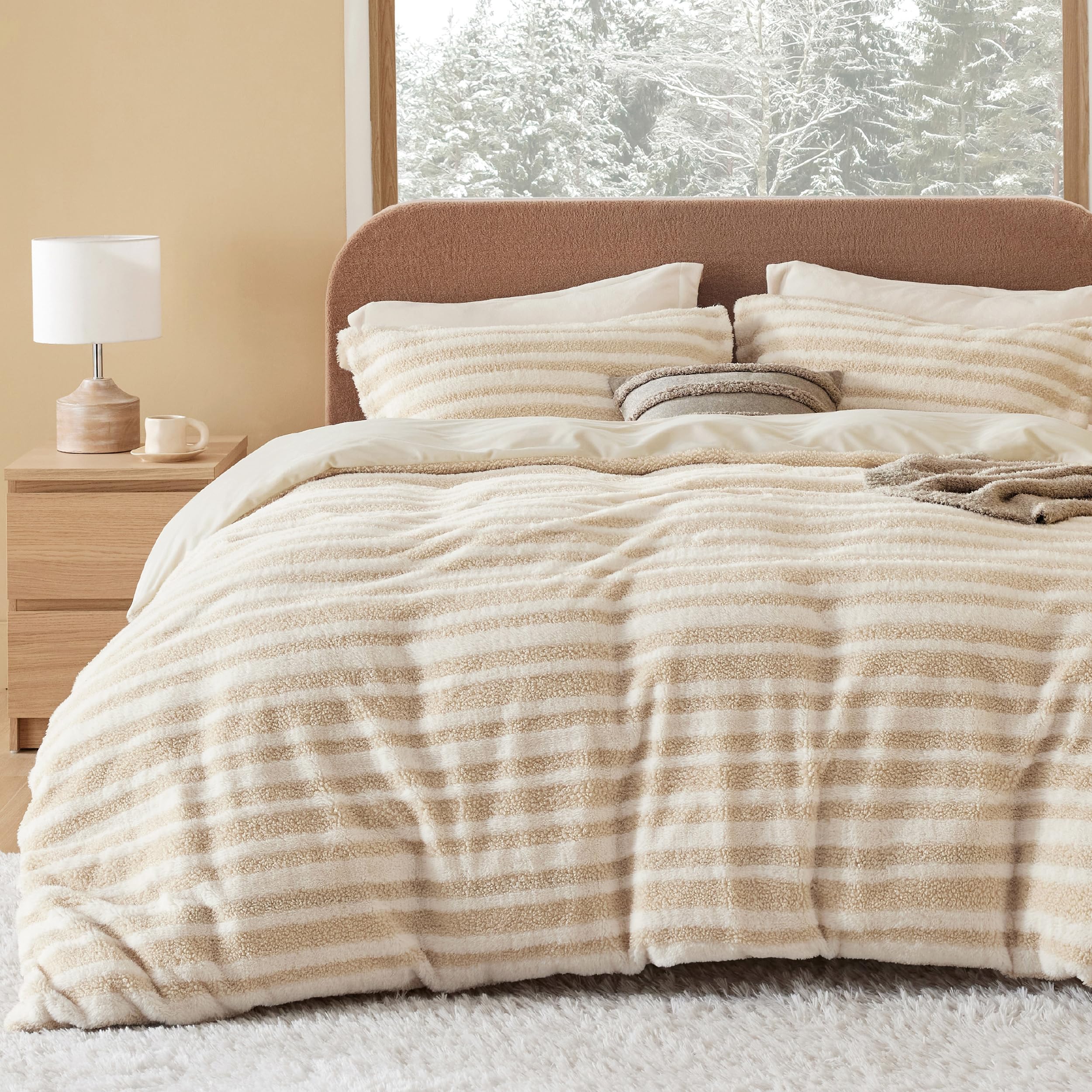 Bedsure Sherpa Fleece Queen Comforter Set - Ultra Soft Plush Shaggy Fluffy Stripe Comforter Queen Size, Warm Flannel Fleece Bed Sets for Winter, 1 Beige Comforter (90"x90") and 2 Pillowcases (20"x26")