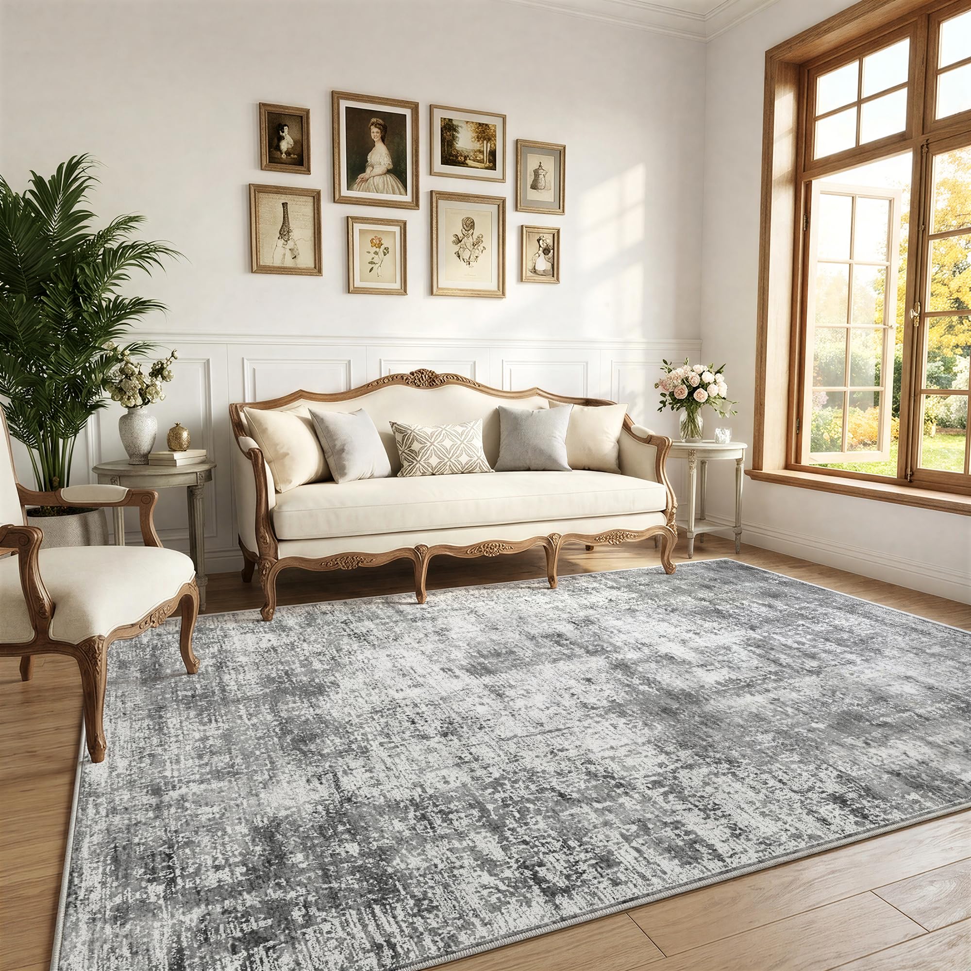 Tapis de salon 240x300 cm gris abstrait lavable grand format pour salle à manger