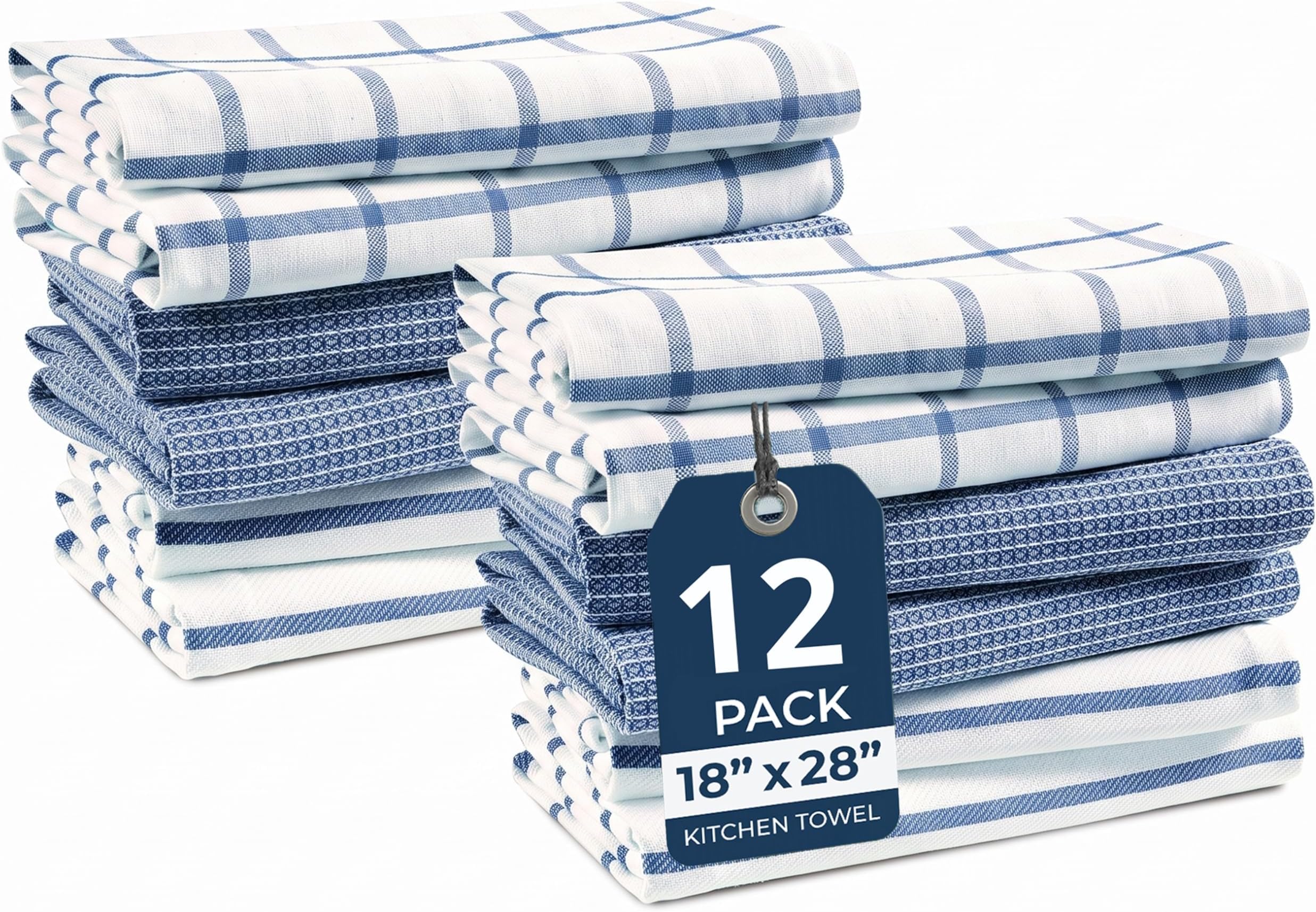 LANE LINEN Kitchen Towels Set – Pack of 12 Dish Cloths, 100% Cotton Absorbent Tea Towels 18” x 28” Quick-Drying & Soft Cleaning Kitchen Towel - Indigo