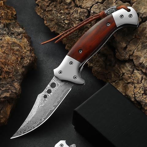 Omesio Cuchillo plegable de Damasco forjado a mano, 67 capas, acero VG10, mango de madera japonés, con caja de regalo, navaja afilada para exteriores, camping, caza y regalo para hombres