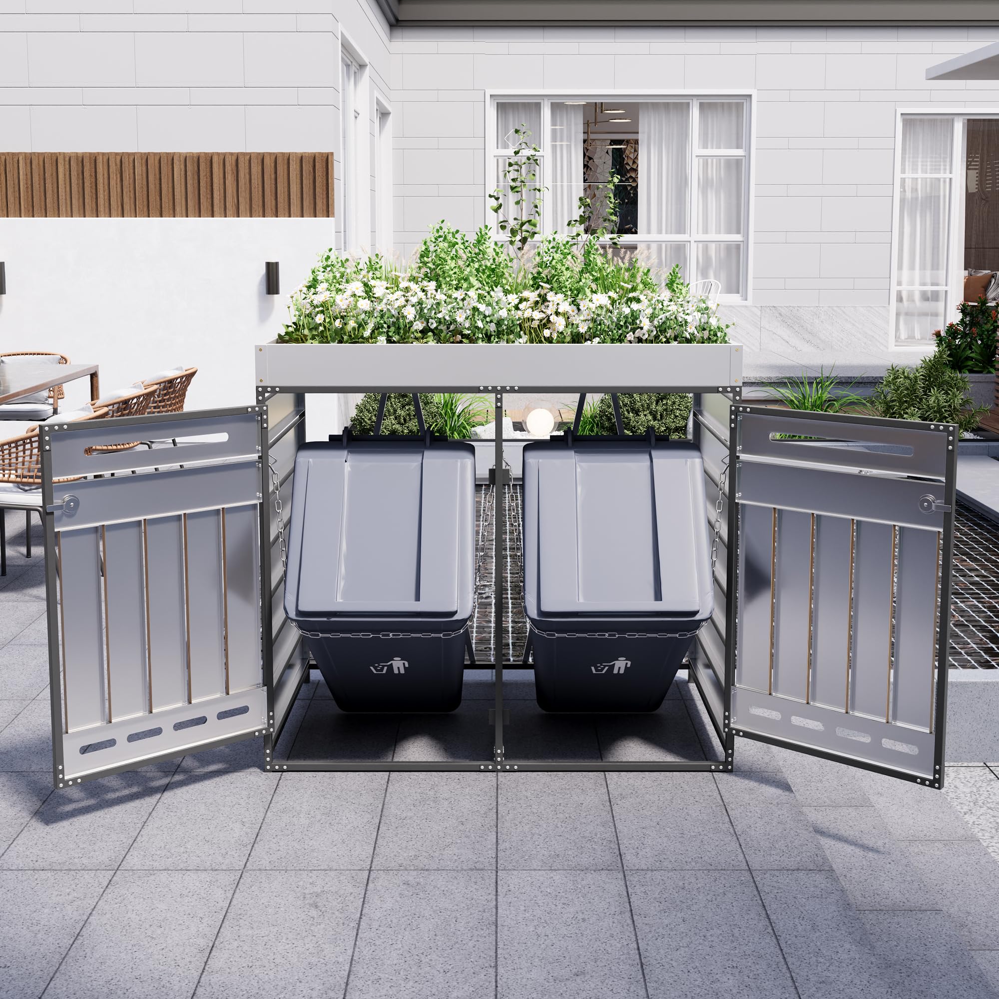 Merax Cubo de basura con 2 puertas, con jardinera, armario de almacenamiento de hierro para jardín, revestimiento de cubo de basura con cerradura para 2 toneladas, resistente a la intemperie y a la
