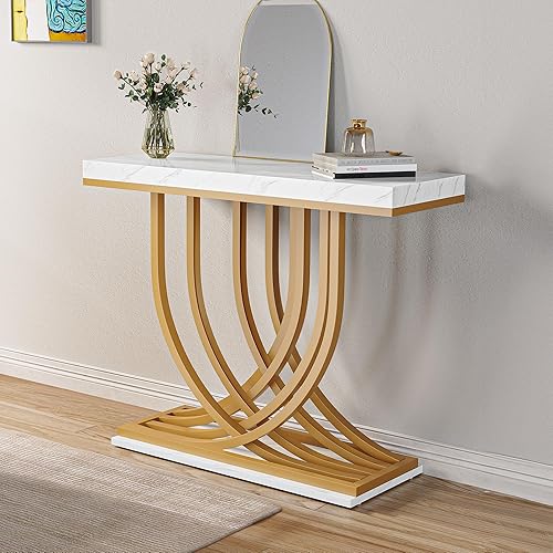 Miniatura 7 de YITAHOME Mesa consola de entrada dorada con luz LED, mesa de entrada moderna, mesa auxiliar estrecha para sofá con parte superior de mármol