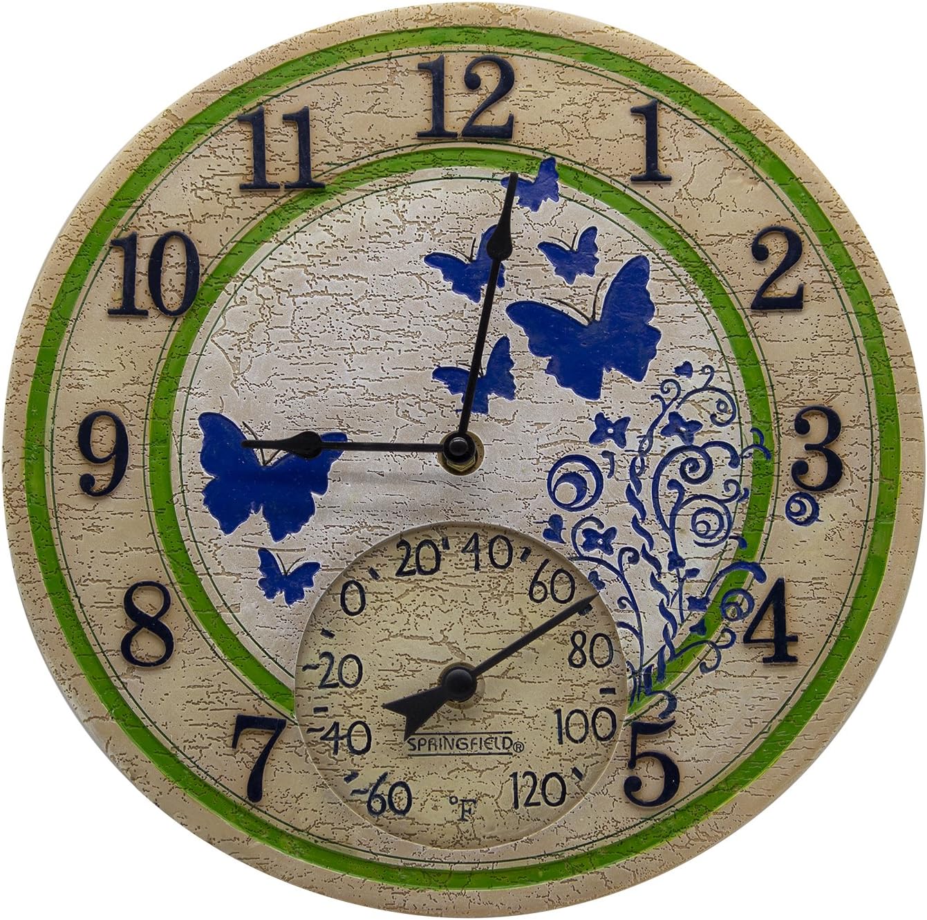 Taylor Precision Products 92683 Poly Resin Butterfly Garden Clock with Thermometer, 14" Dial, Multicolored