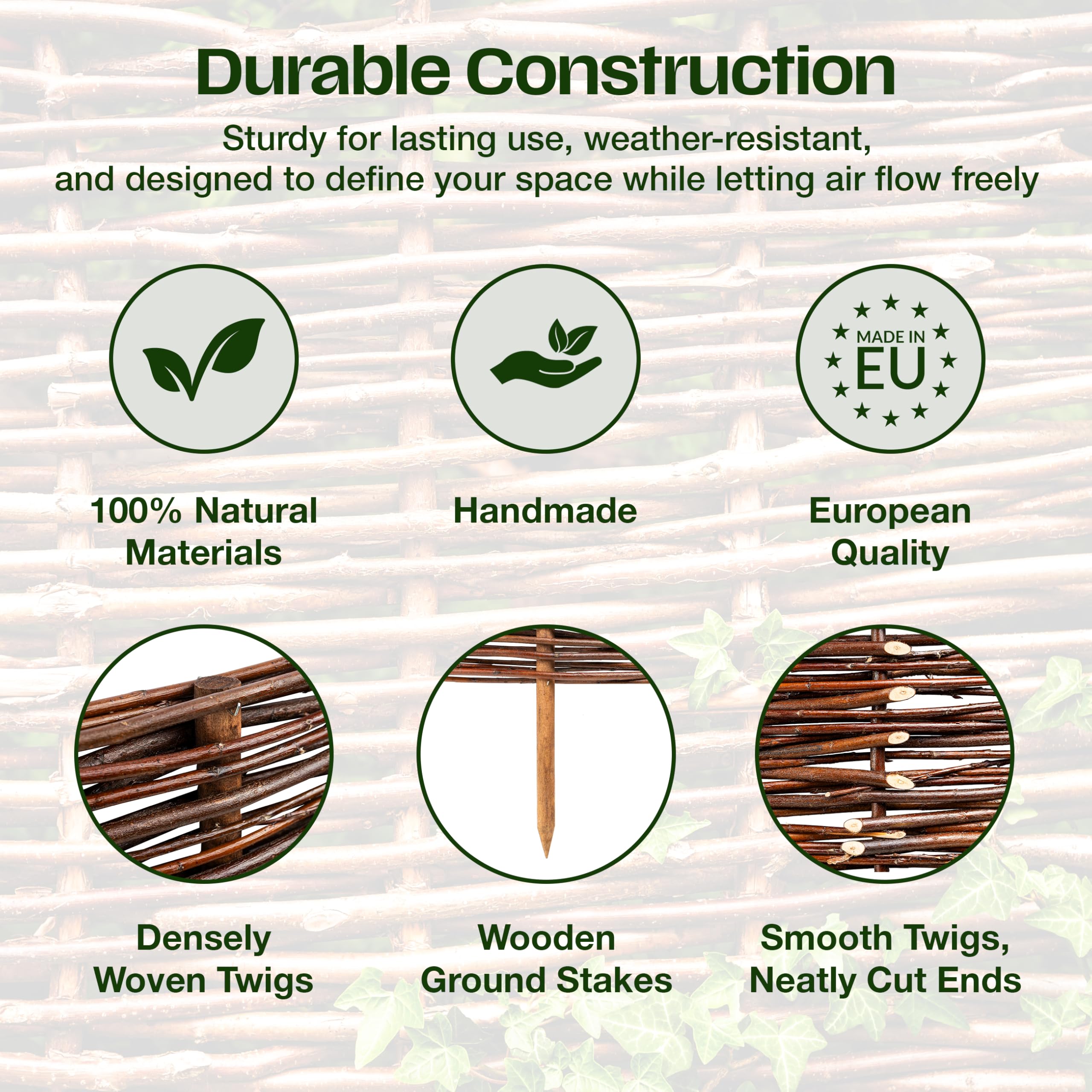Creative Home Set de 5 Vallas de Mimbre Natural | Tamaño: 60 x 50 cm (+/- 1 cm) | Valla de Jardín para Delimitar Parterres Decorativa | Cerramiento Cercado de Césped | para Jardín Balcón Terraza