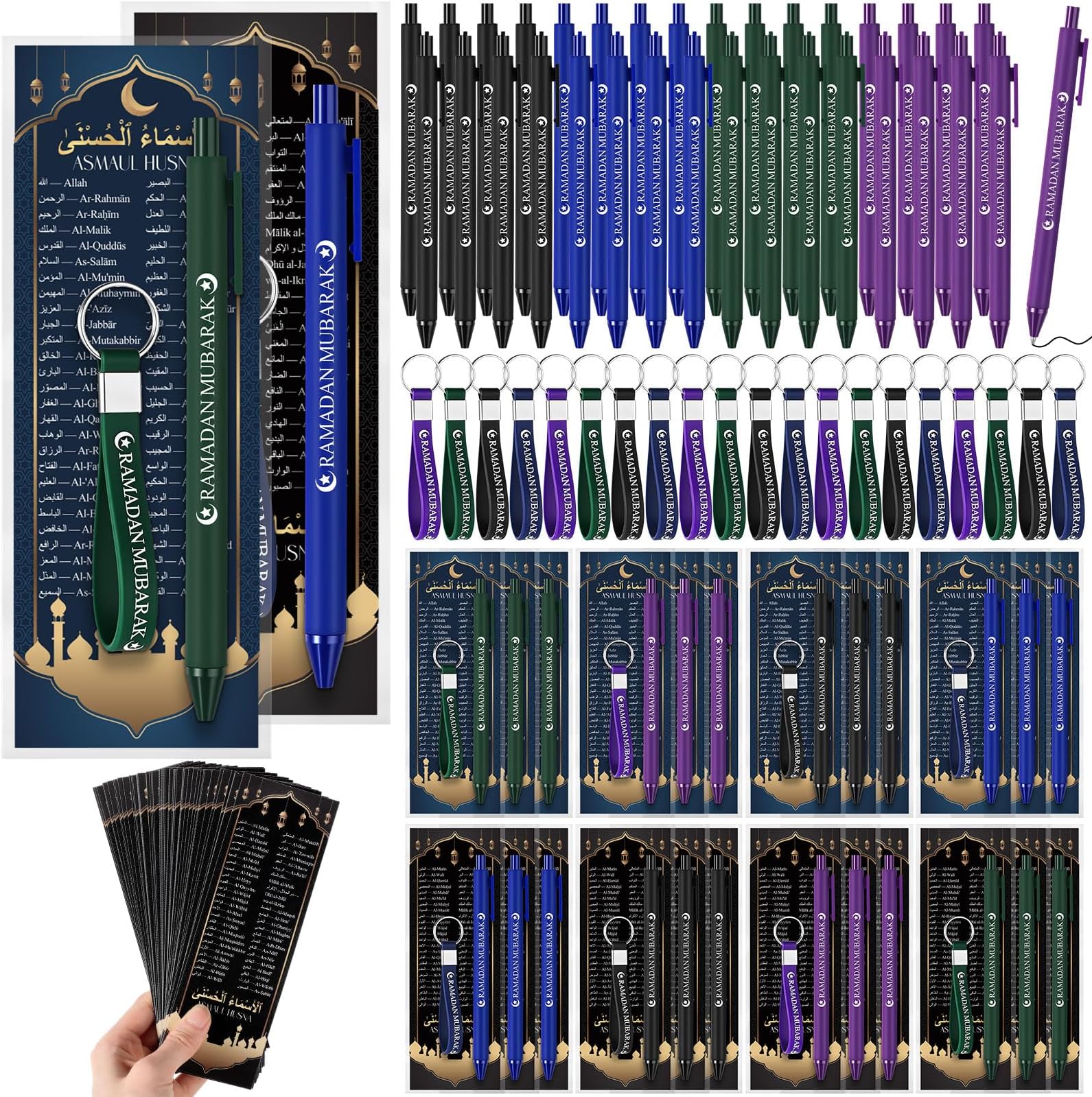 Resurhang 36 Sets Eid Ramadan Mubarak Gift Including 99 Names of Allah Bookmarks Mubarak Ballpoint Pens Keychains Eid Ramadan Party Favors Gifts Bulk Quran Muslim Islamic Arabic Party Decorations