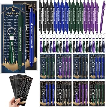 Resurhang 36 Sets Eid Ramadan Mubarak Gift Including 99 Names of Allah Bookmarks Mubarak Ballpoint Pens Keychains Eid Ramadan Party Favors Gifts Bulk Quran Muslim Islamic Arabic Party Decorations