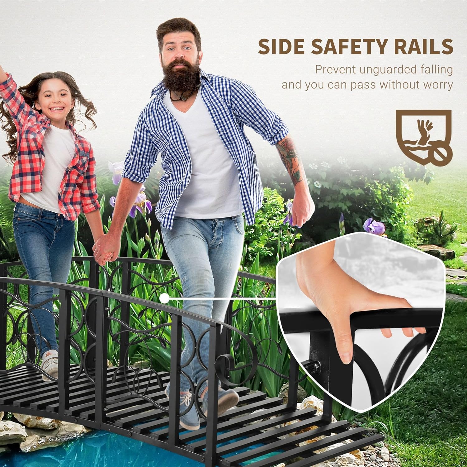 6ft 660lb Solid Metal Arch Garden Walkway Bridge with Safety Siderails and Motif Vine Designs and Easy Build Black Finish