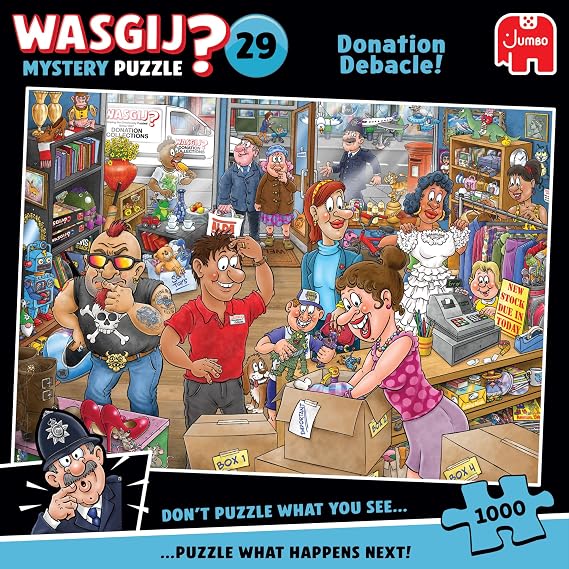 Wasgij Mystery 29, Donation Debacle - Unique 1000 Piece Jigsaw Puzzle for Adults - Colourful, Puzzling, Challenging & Brainteasing Adult Jigsaws - 100% Recycled Cardboard 1000Pc Puzzles - Jumbo