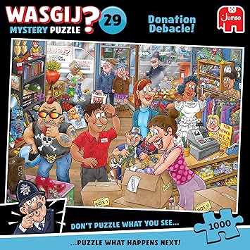 Wasgij Mystery 29, Donation Debacle - Unique 1000 Piece Jigsaw Puzzle for Adults - Colourful, Puzzling, Challenging & Brainteasing Adult Jigsaws - 100% Recycled Cardboard 1000Pc Puzzles - Jumbo