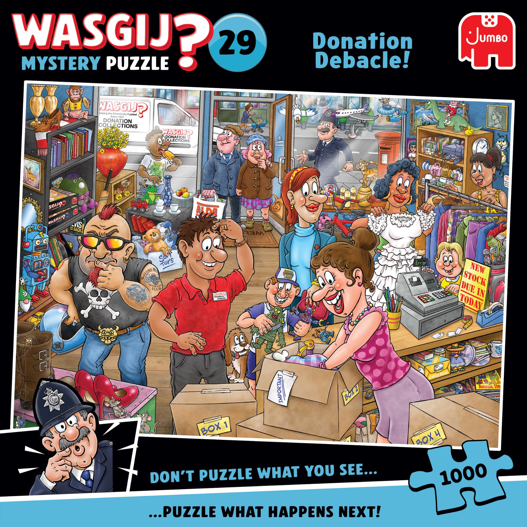 Wasgij Mystery 29, Donation Debacle, Unique 1000 Piece Jigsaw Puzzle for Adults, Colourful, Puzzling