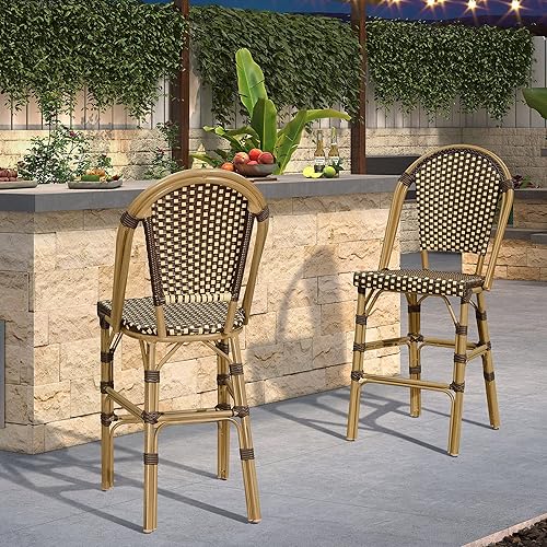 Miniatura 9 de PURPLE LEAF Juego de 2 taburetes de bar franceses con acabado de bambú con respaldo de ratán, sillas de bar de mimbre de 30 pulgadas con reposapiés,