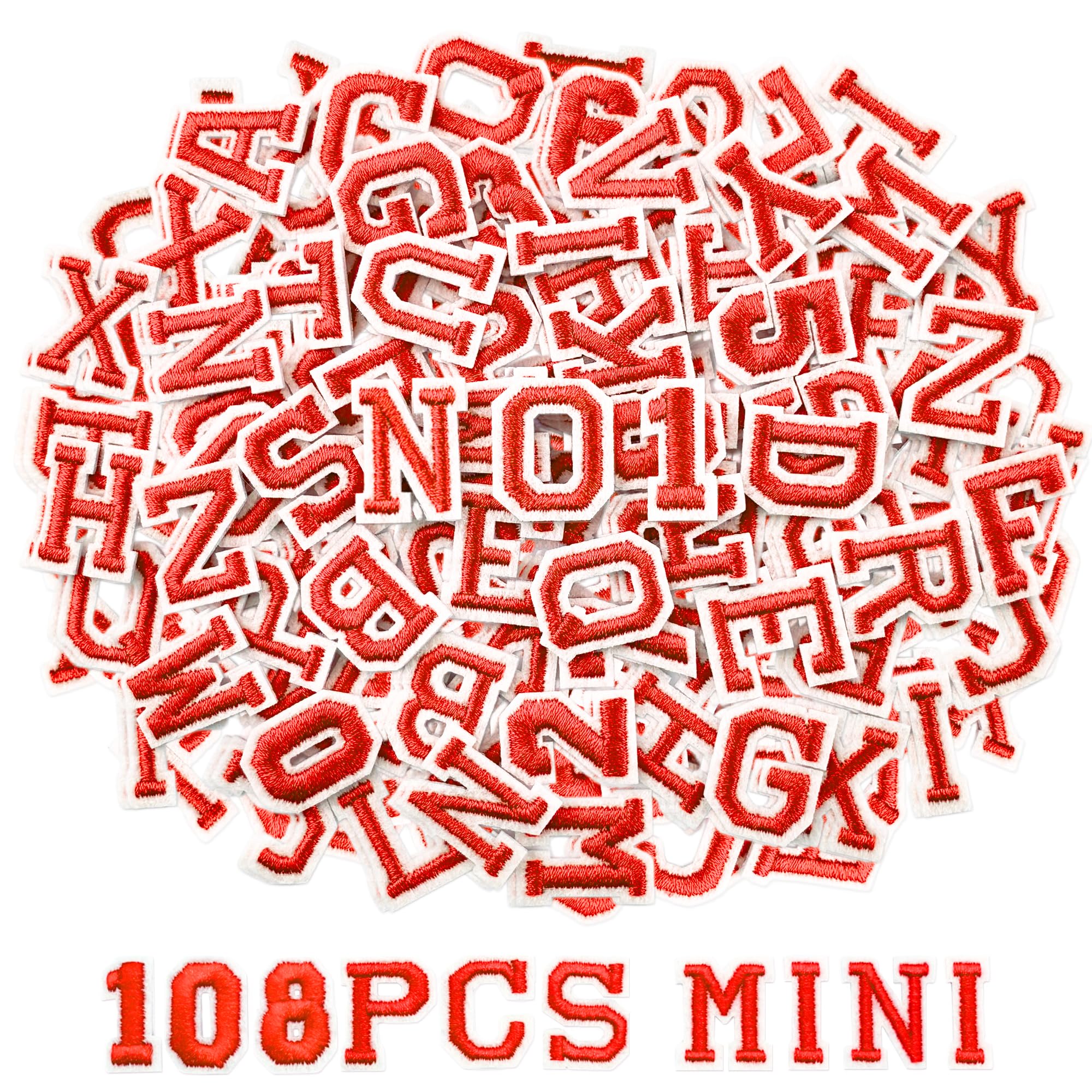 Photo 1 of 108PCS Iron on Letters and Numbers 0.75 inch Small Embroidered Letter Patches, A-Z & 0-9 Alphabet Applique for Clothing, Hats, Shirts, Bags, DIY Craft Decor, Red