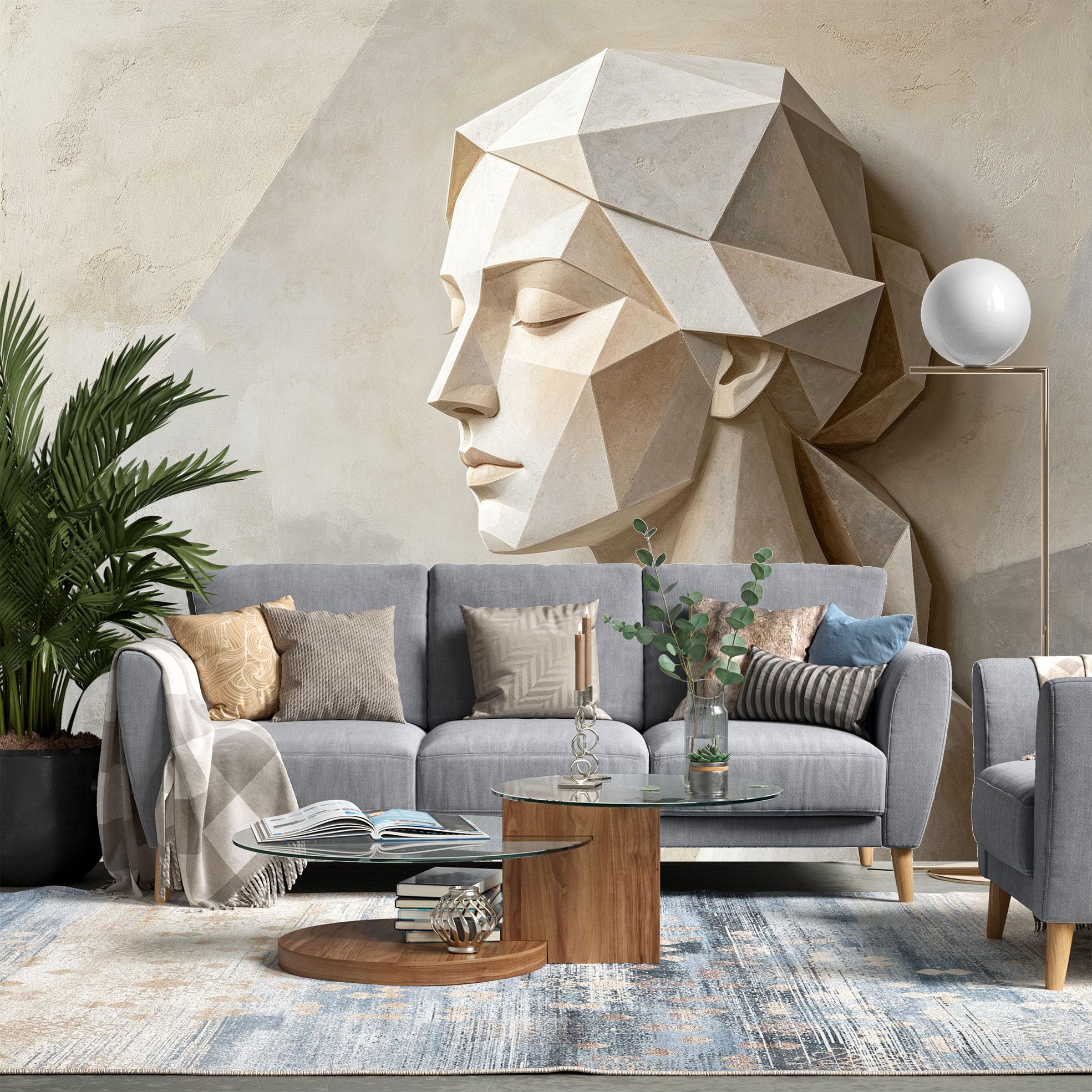 Papier Peint Intissé Fresque Murale Abstraite Géométrique À Facettes Représentant Des Sculptures Féminines 300 x 210 cm Papier Peint Photo 3D Art Mural Moderne pour Salon et Chambre.