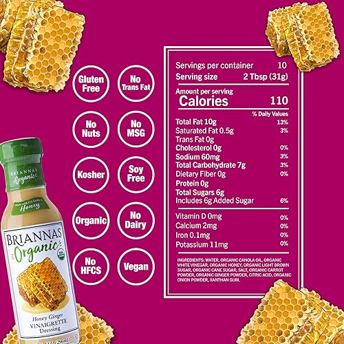 Miniatura 2 de Briannas Aderezo orgánico de vinagreta de miel y jengibre, 10 FZ