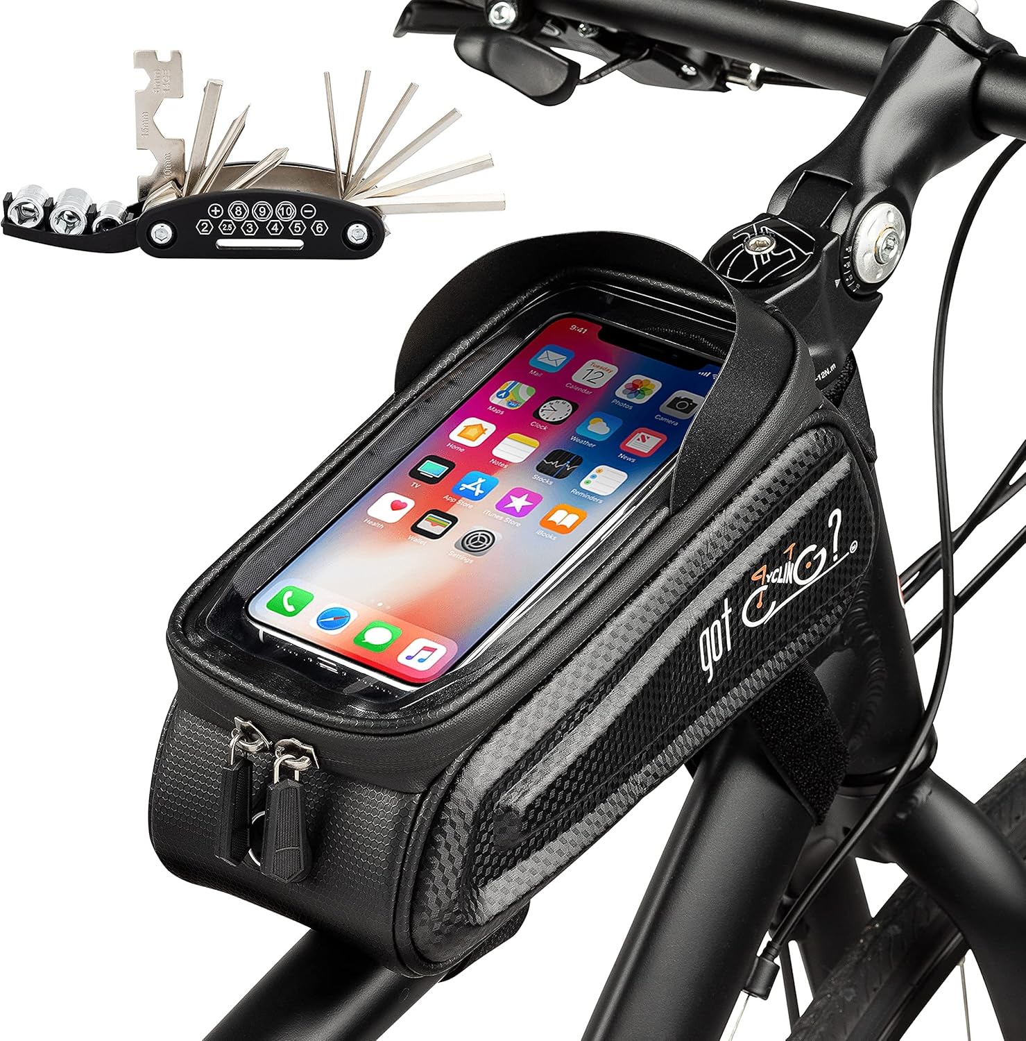 Bike Bag Plus Free Multi Tool Top Tube Front Frame Waterproof Touch Screen Cycling Bicycle Phone Mount Pack Bike Pouch Large Capacity