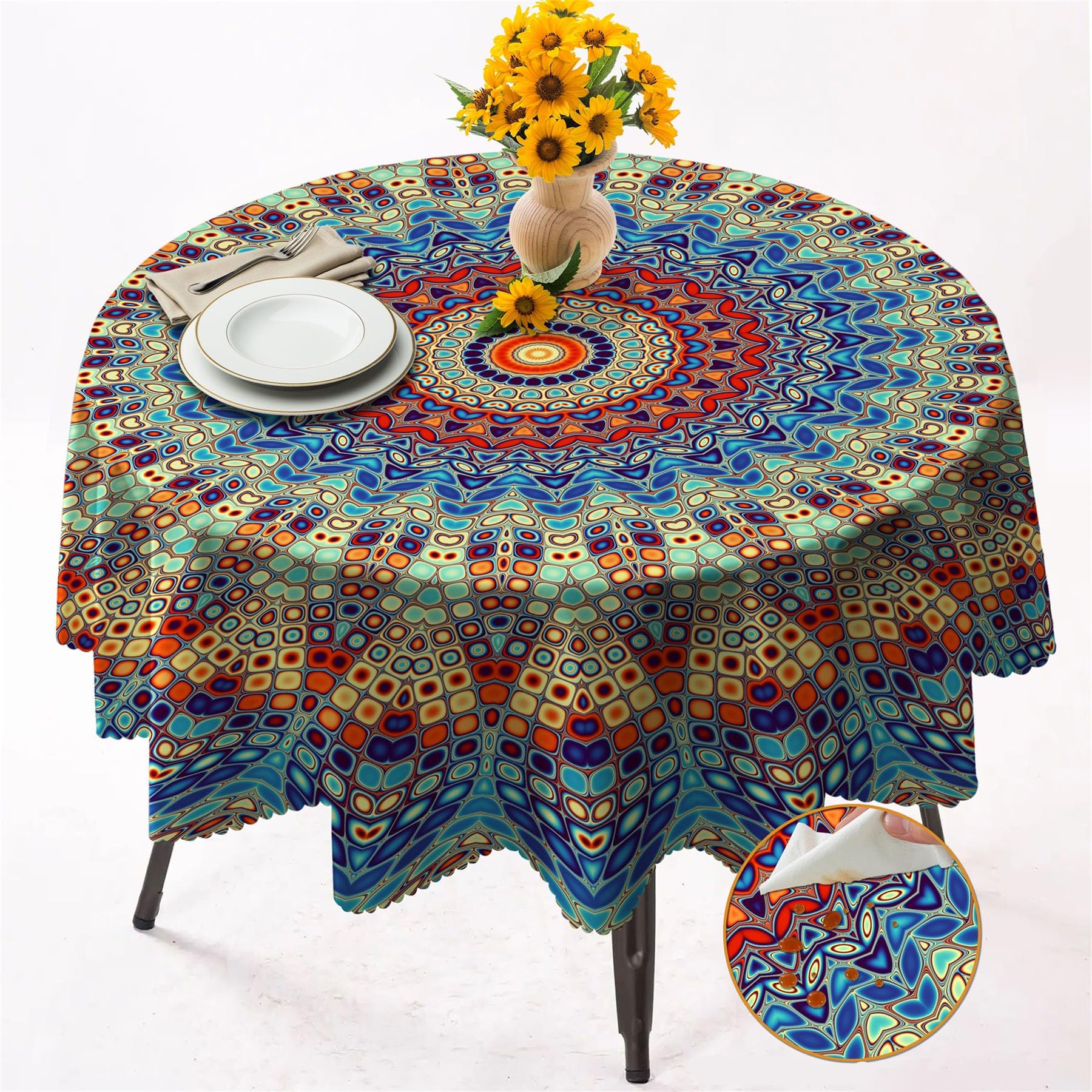 Round Tablecloth 152cm Wrinkle Free Washable Polyester Table Cloth for Circular Table, Home Dining Party Use, Bohemian Style Round Wipe Clean Tablecloth 60 Inches (Color 06)