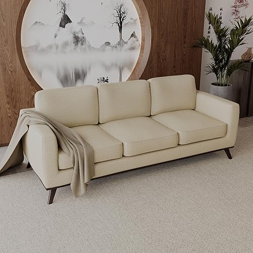 LeisureMod Chester - Sofá moderno de cuero y malla de 3 plazas con base de madera de abedul Sofá de sala de estar de mediados de siglo (malla beige)
