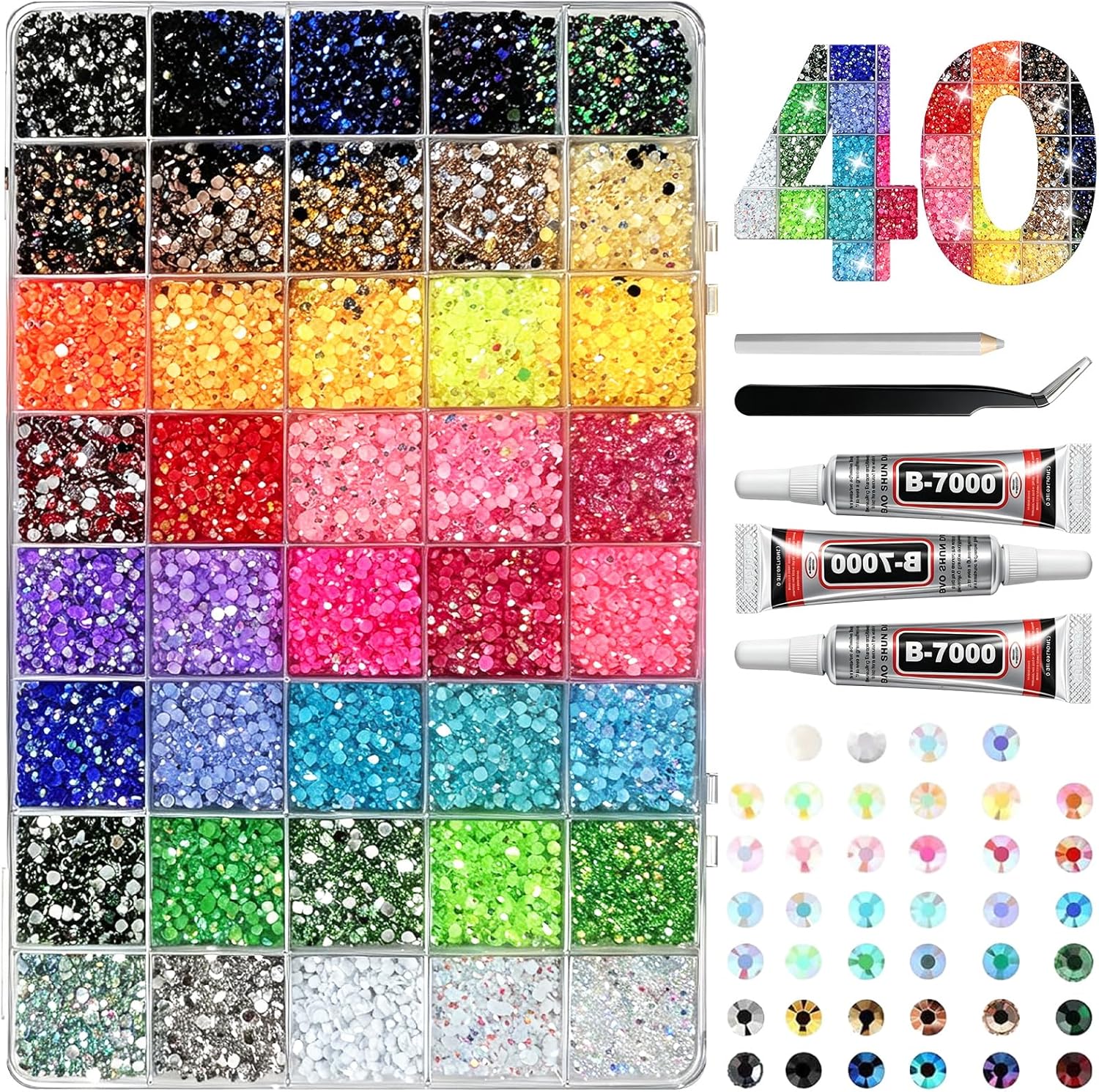 40000 Pcs 40 Colors Bedazzling Kit with Rhinestones, Resin Jelly Rhinestones for Bedazzled Kits, Multicolor Gem Bedazzler Kit for Crafting, DIY Arts, Nail Art, Shoe, Book