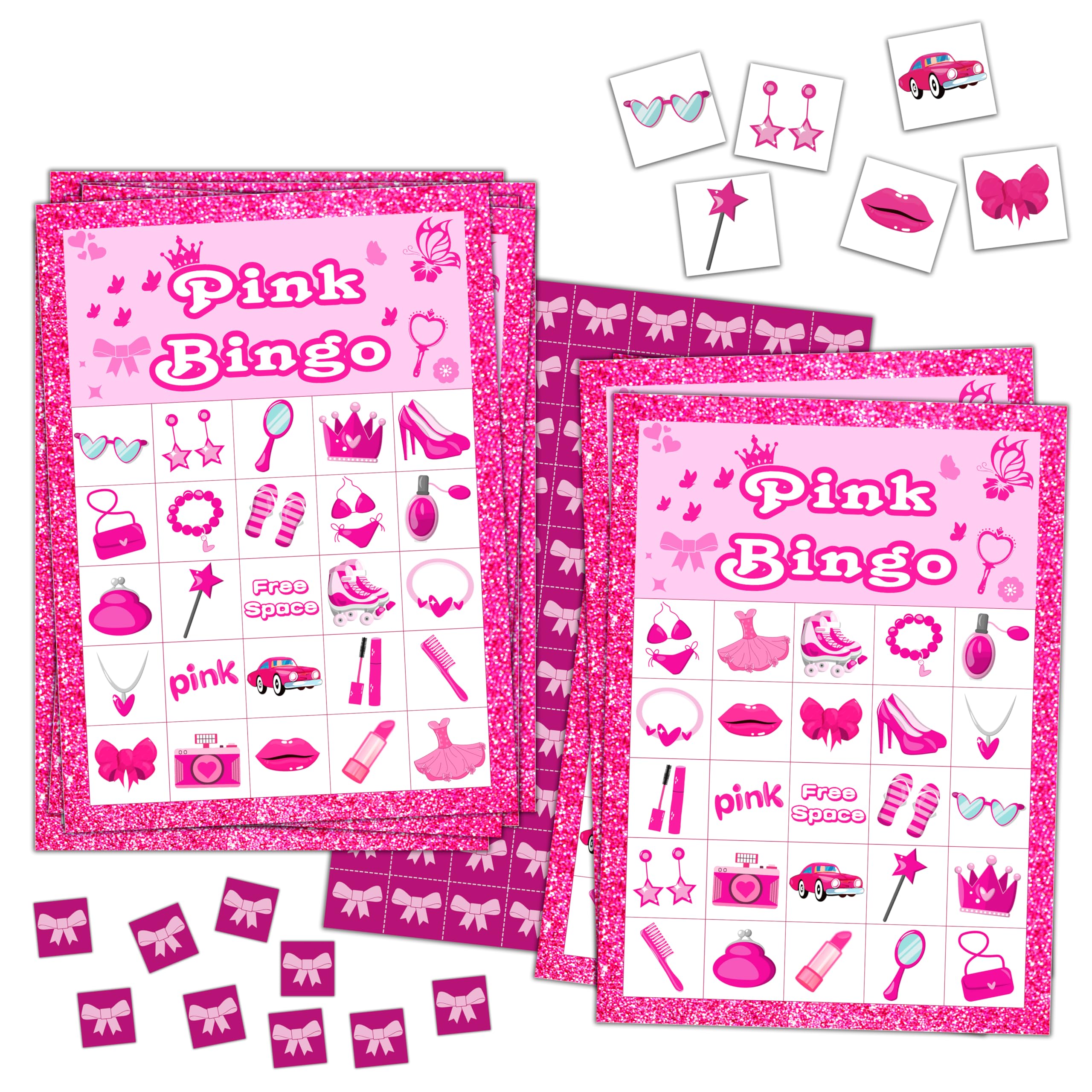 Pink Bingo Game Cards for Adults, Glitter Bingo Cards Game for Family Holidays Friends, Ideal Gifts for Princess Themed Party Games, 24 Players Birthday Party Supplies Favors, 07