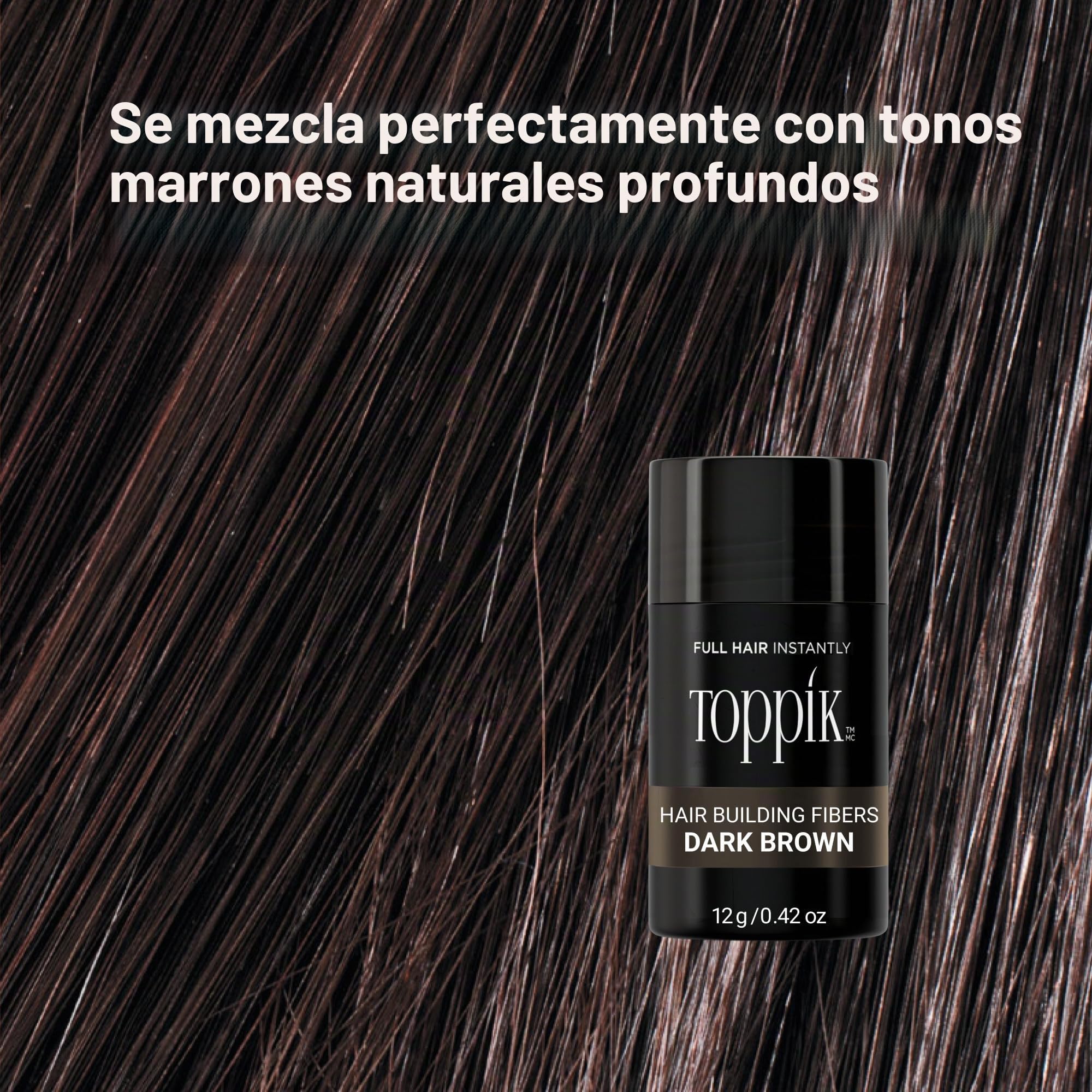 TOPPIK Fibras Capilares Castaño Oscuro, Fibras de Queratina para Crear más Densidad en el Cabello de Forma Inmediata, 12 g, Marrón Oscuro (TPD12A), Adultos unisex