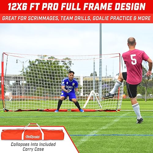 Miniatura 2 de GoSports Elite Soccer Goals Redes de fútbol portátiles de 12 x 6 pies y 6 x 4 pies para juegos o práctica Incluye 6 conos, funda de transporte y