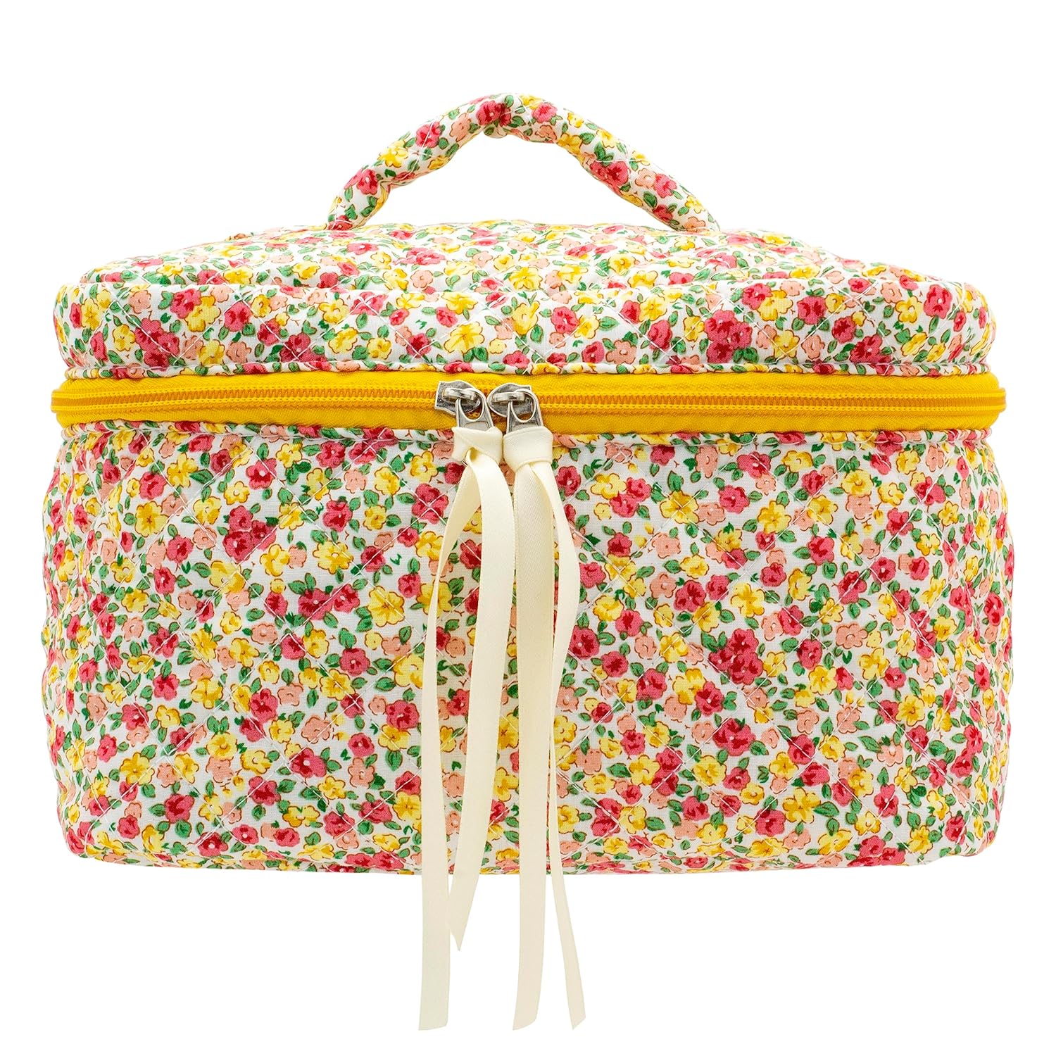 PAZIMIIK Quilted Makeup Bag Large Travel Zipper Soft Cosmetic Case for Women Girls Make Up Little Flower