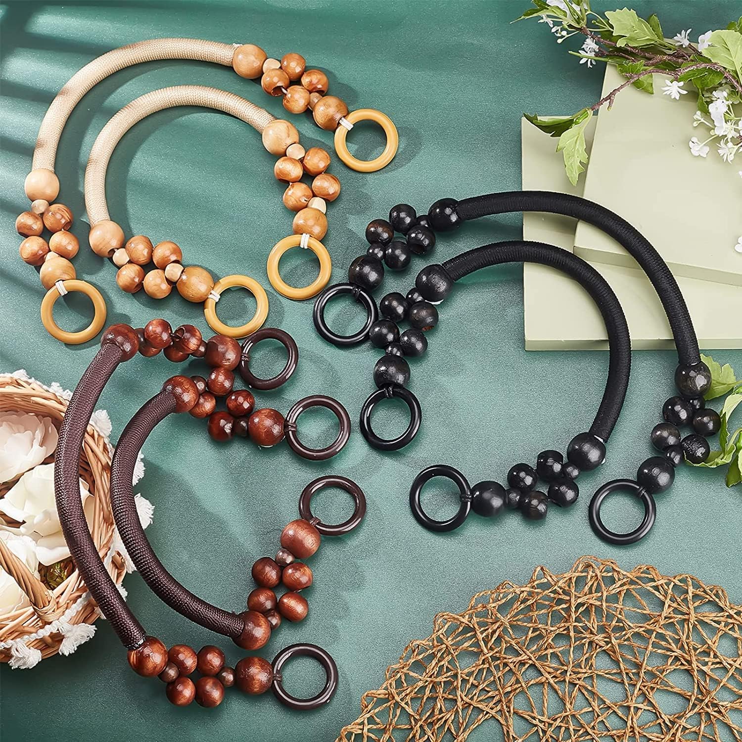 PH PandaHall 6pcs Wooden Beaded Bag Handles, 3 Colors Purse Handles Nylon Rope Purse Straps Replacement Bag Handles U-Shape Purse Handles for Bag Making Shoulder Bag Handbag DIY Crochet Bag, 18 Inch - Image 5