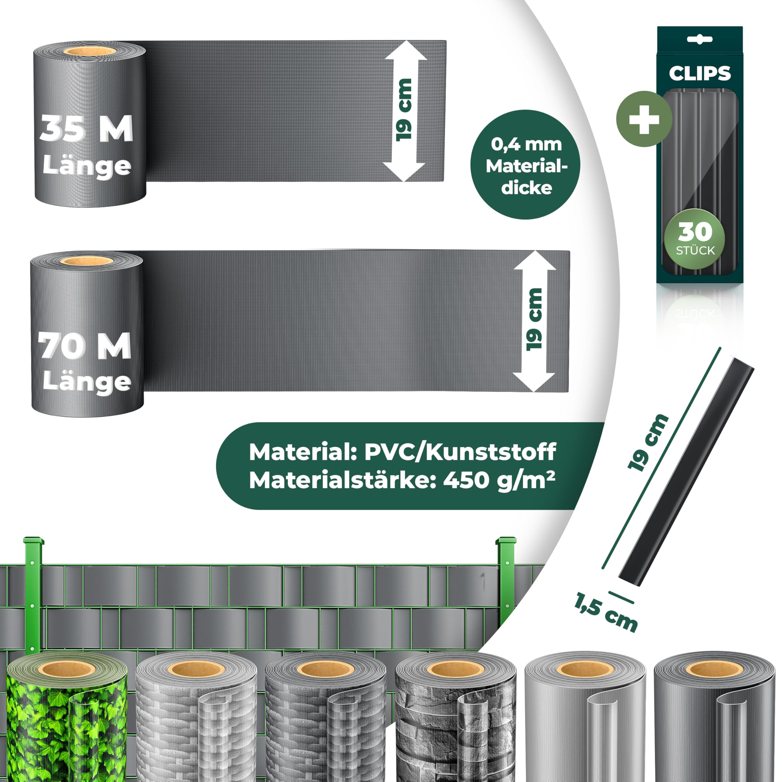 KESSER® PVC Sichtschutzstreifen Sichtschutz Rolle Doppelstabmatten Zaun Blickdicht | 35m x 19 cm | 30 Befestigungsclips | Wetterfest und Windschutz | Zaunfolie Sichtschutz Garten Gartenzaun, Anthrazit
