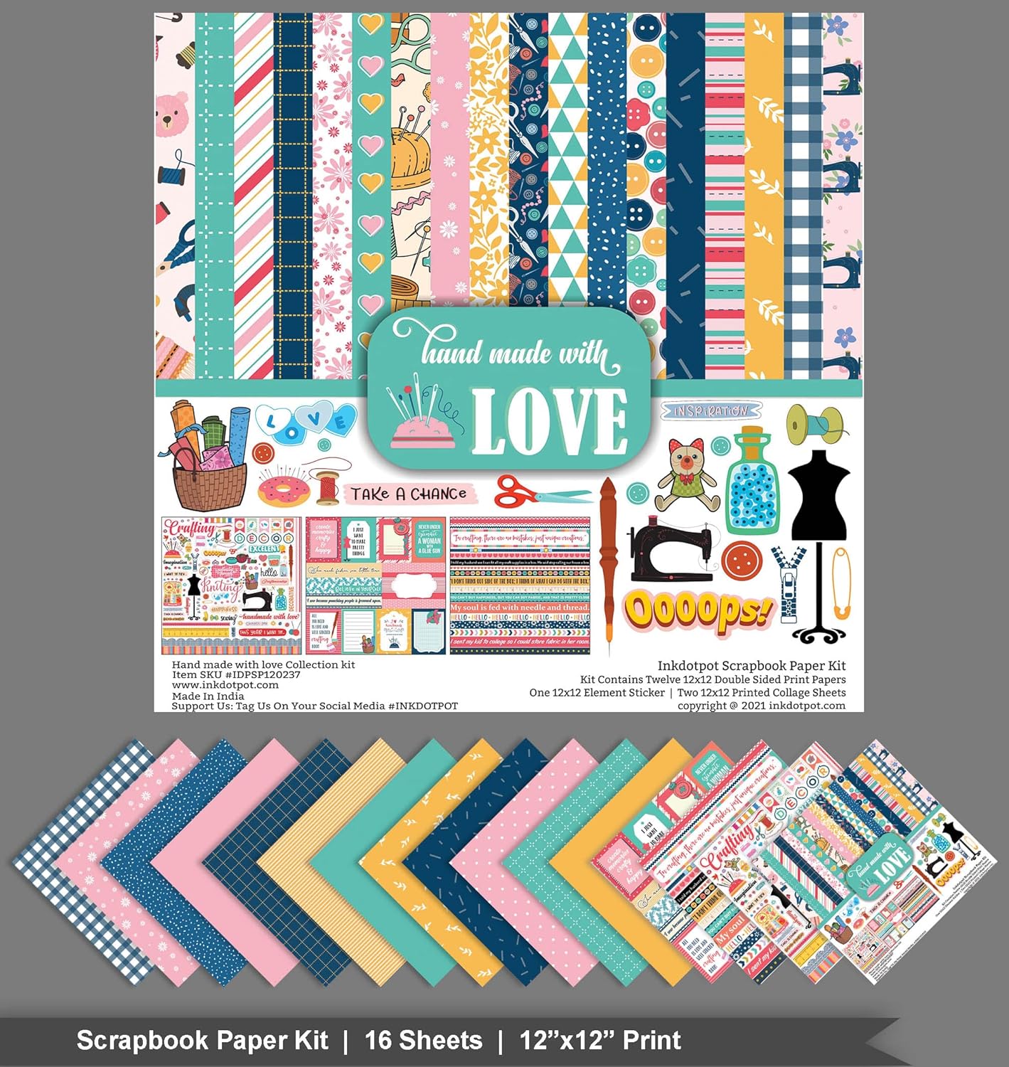 Inkdotpot Handmade with Love, Sewing Craft Collection Double,Sided Scrapbook Paper Kit Cardstock 12"x12" Card Making Paper Pack of with Sticker Sheet - 16 Pages - Multicolor
