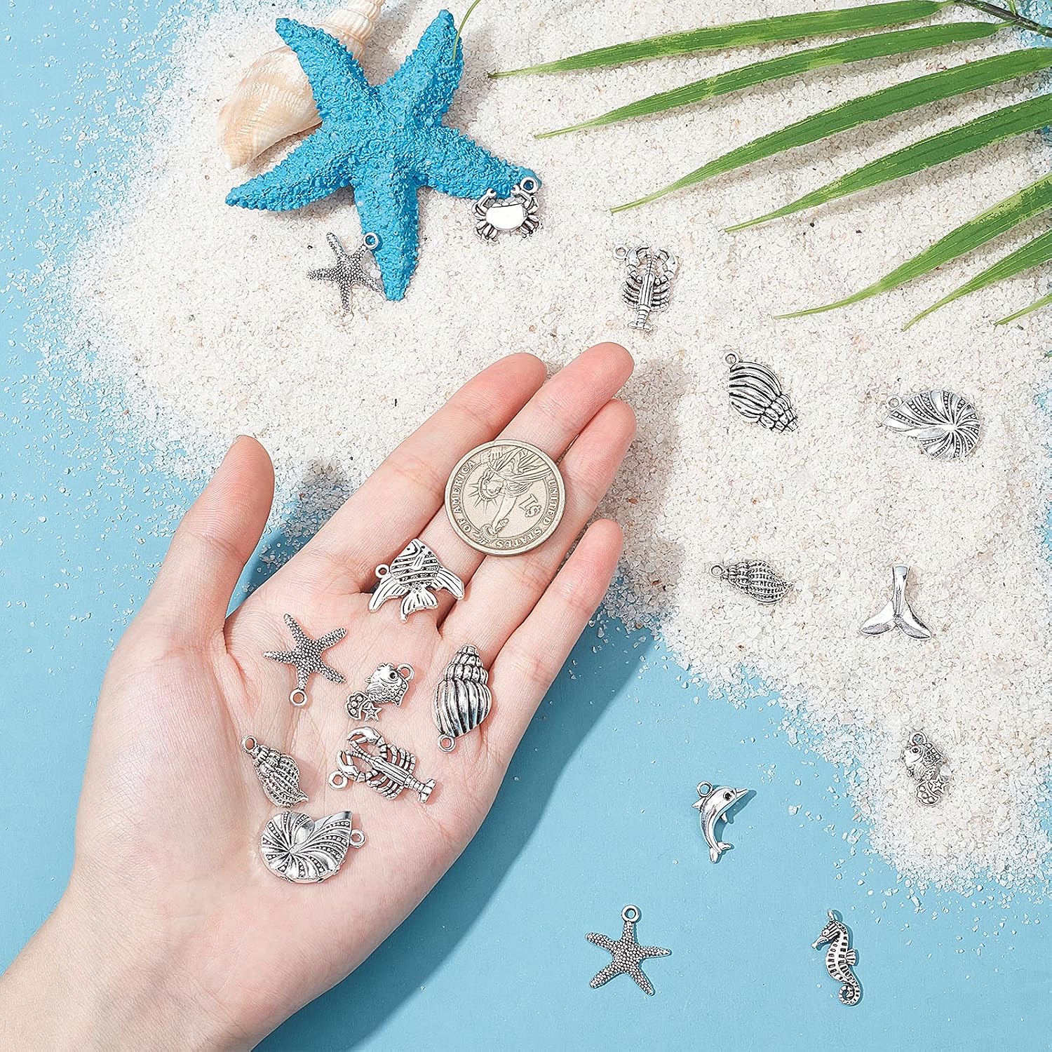 PH PandaHall 90pcs 15 Style Ocean Fish Charms Tibetan Seashell Marine Pendants Antique Silver Animal Sea Creatures Charms Pendants for Wakiki Hawaii DIY Bracelet Necklace Keychain Jewelry Making